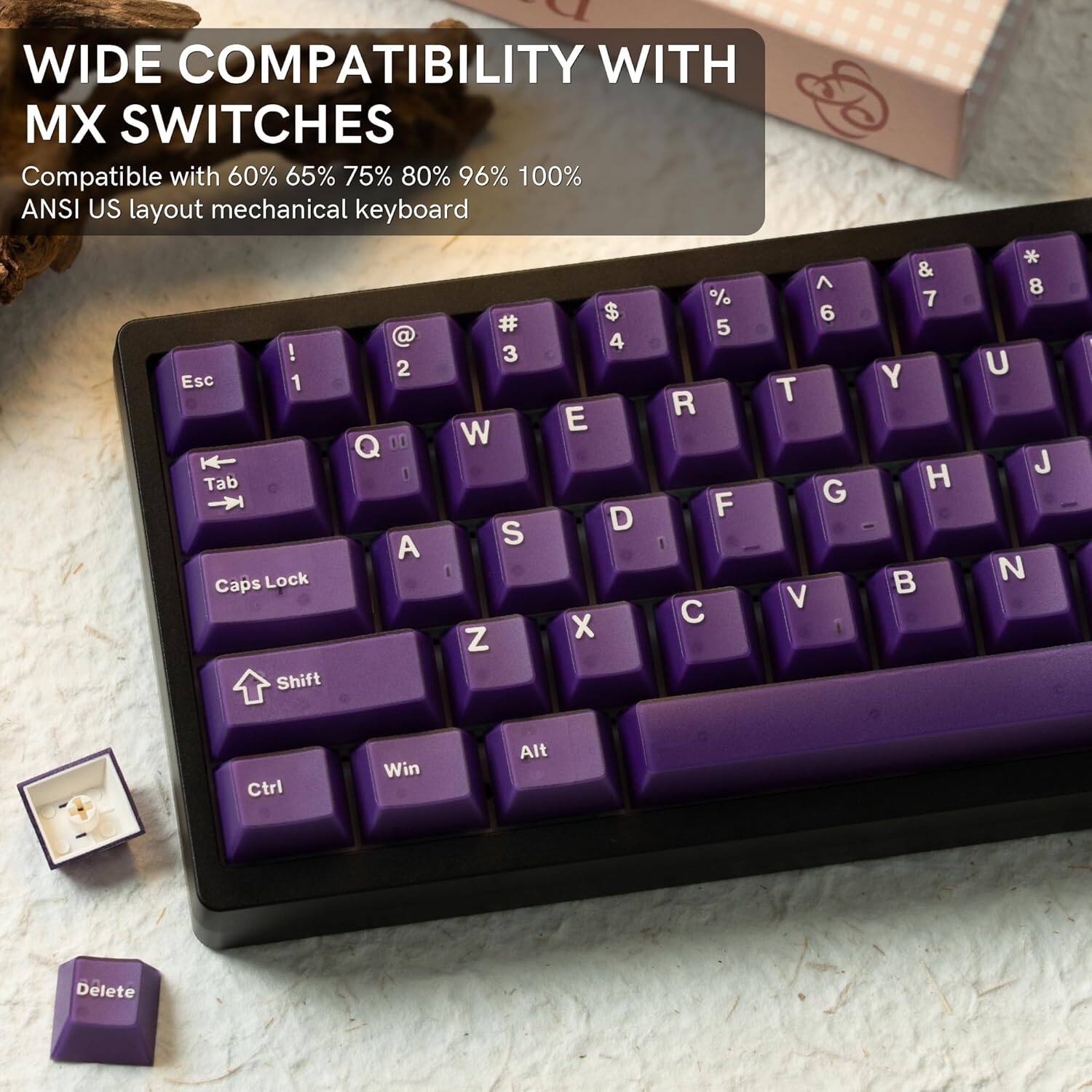 WIDE COMPATIBILITY WITH MX SWITCHES  
Compatible with 60% 65% 75% 80% 96% 100% ANSI US layout mechanical keyboard  

Esc 1 Tab Caps Lock Shift @ 2 Q 3 W 4 E 5 R 6 T 7 Y 8 U 9 I 0 O P  
A S D F G H J K L Z X C V B N M  
Ctrl Win Alt Delete