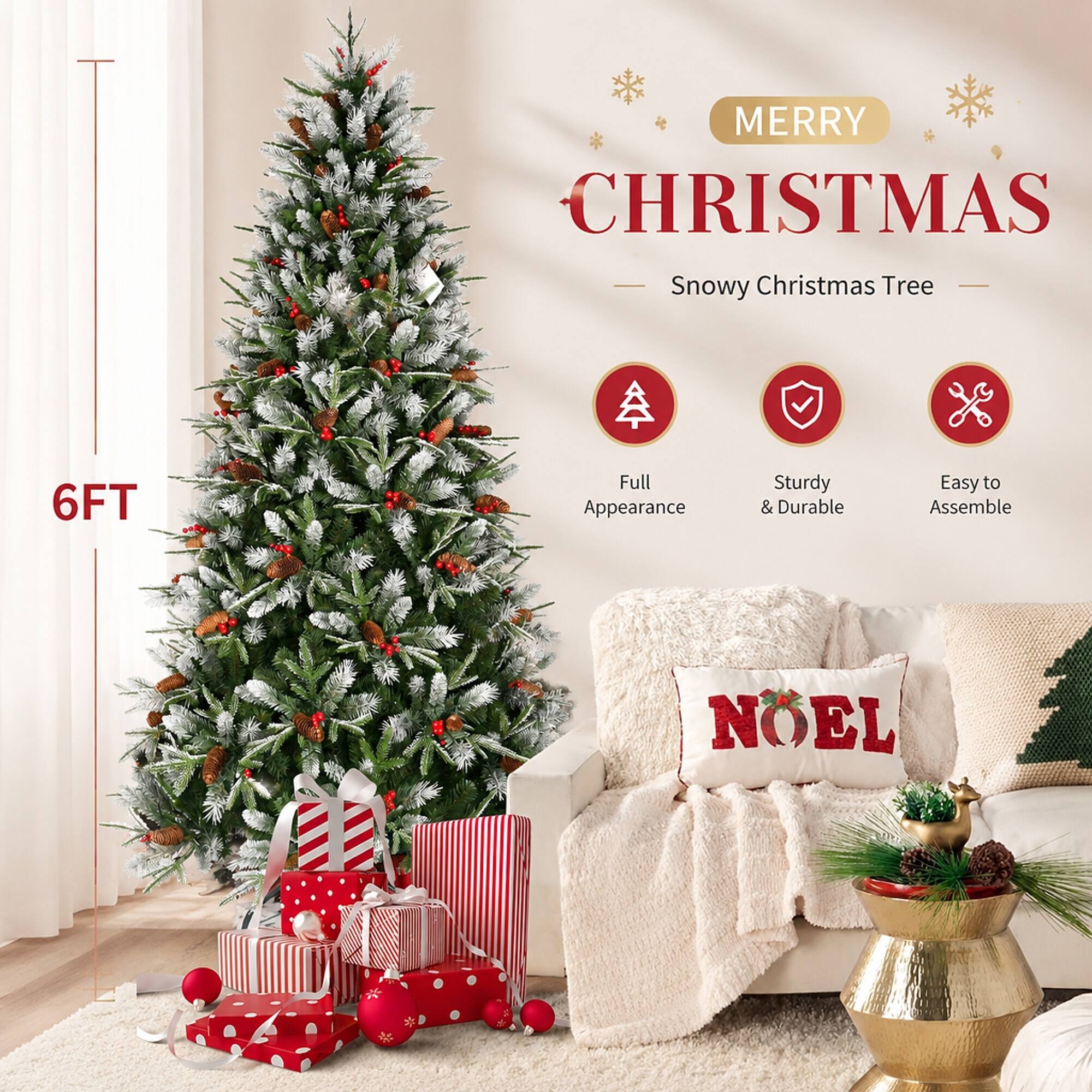 MERRY CHRISTMAS Snowy Christmas Tree

6FT

Full Appearance

Sturdy & Durable

Easy to Assemble