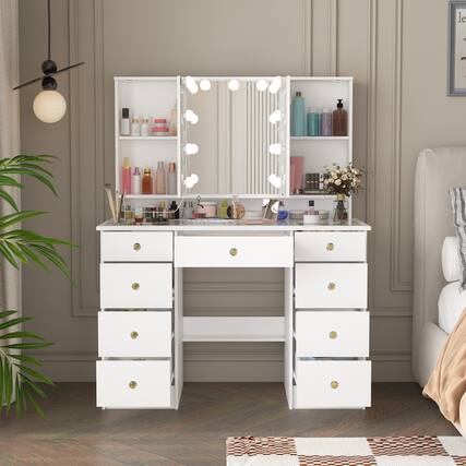 Front. Famapy - Hollywood Tri-Mirror Vanity with Glass Top & Sphere Lights Remote 3-Color Dimmable Lighting Display Cabinet - White.