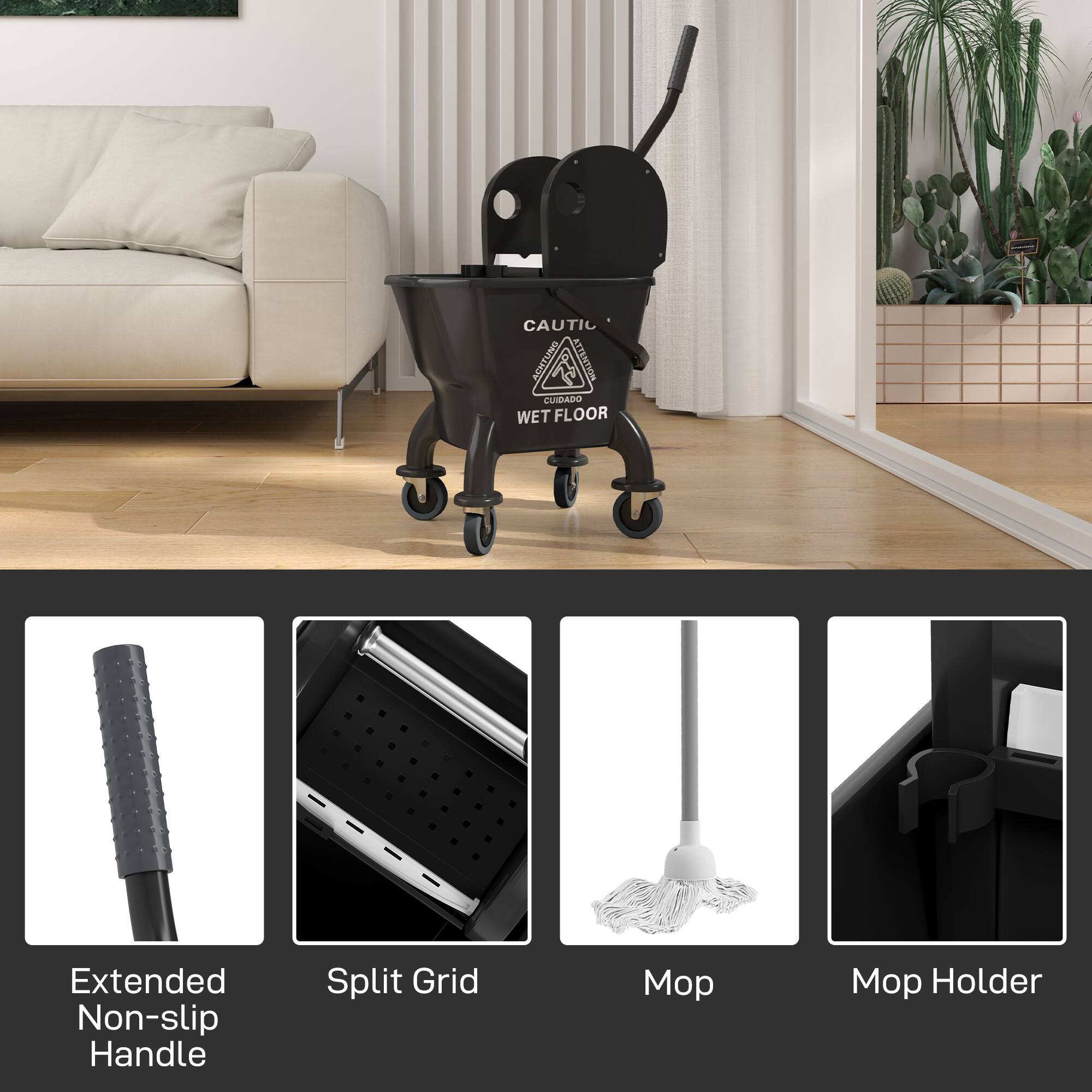 CAUTIC ATTENTION SNIT2 CUIDADO WET FLOOR Extended Non-slip Handle Split Grid Mop Mop Holder