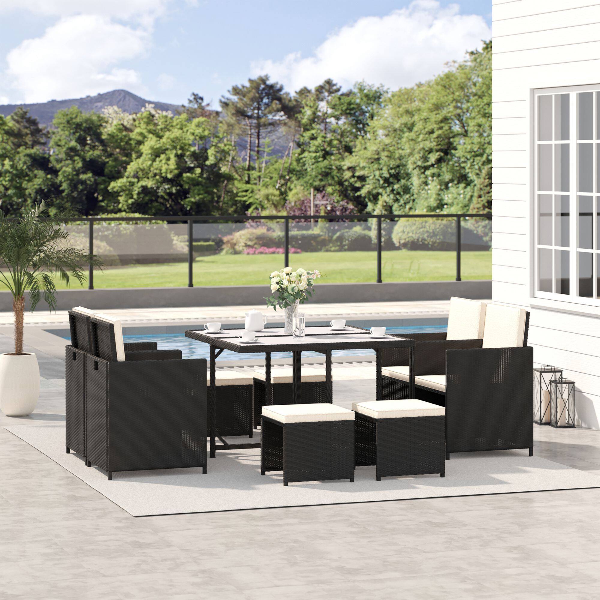 Alt View 1. Outsunny - 9 Pieces Outdoor Dining Set for 8, Space Saving Wicker Chairs and Square Glass Table with Cushions and Ottomans - Black/Cream White.