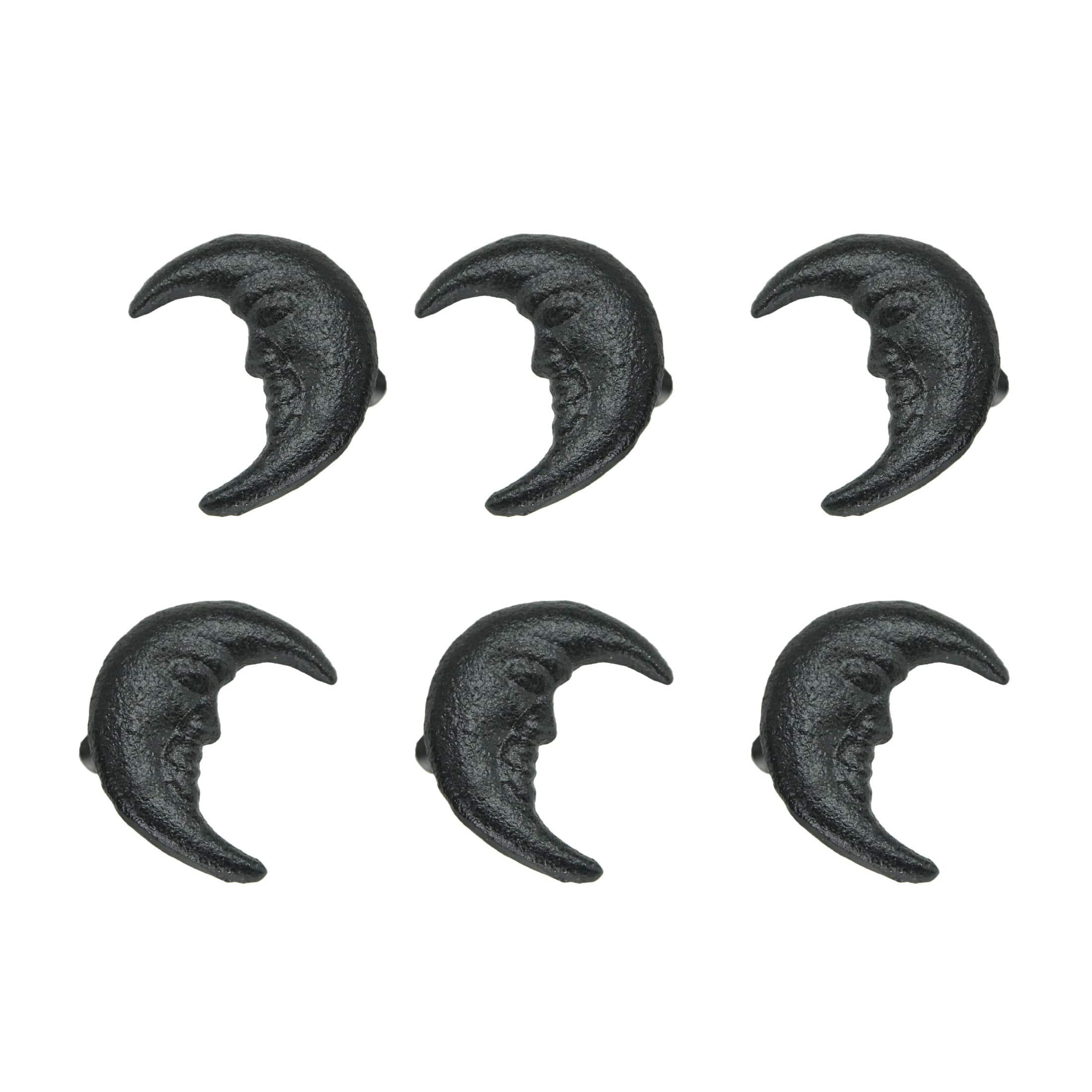 Zeckos - Set of 6 Cast Iron Crescent Moon Face Drawer Pull Decorative Cabinet Knobs - Black