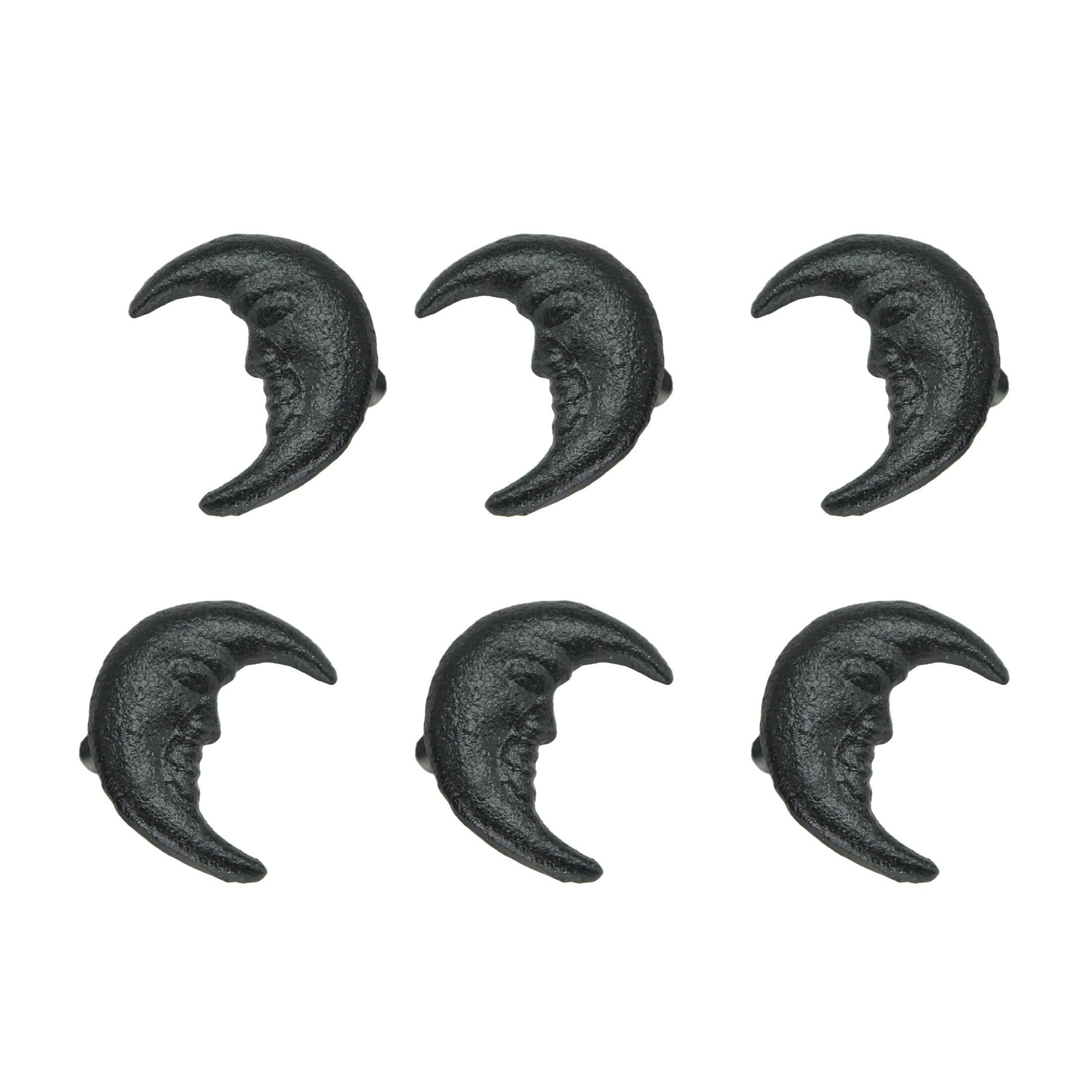 Front. Zeckos - Set of 6 Black Cast Iron Crescent Moon Face Drawer Pull Decorative Cabinet Knobs - Black.
