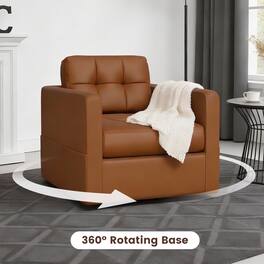 Brick Attic - 34.3″Wide Leather Swivel Armchair with Upholstered Base,360° Rotation Ergonomic Lounge Chair - Brown