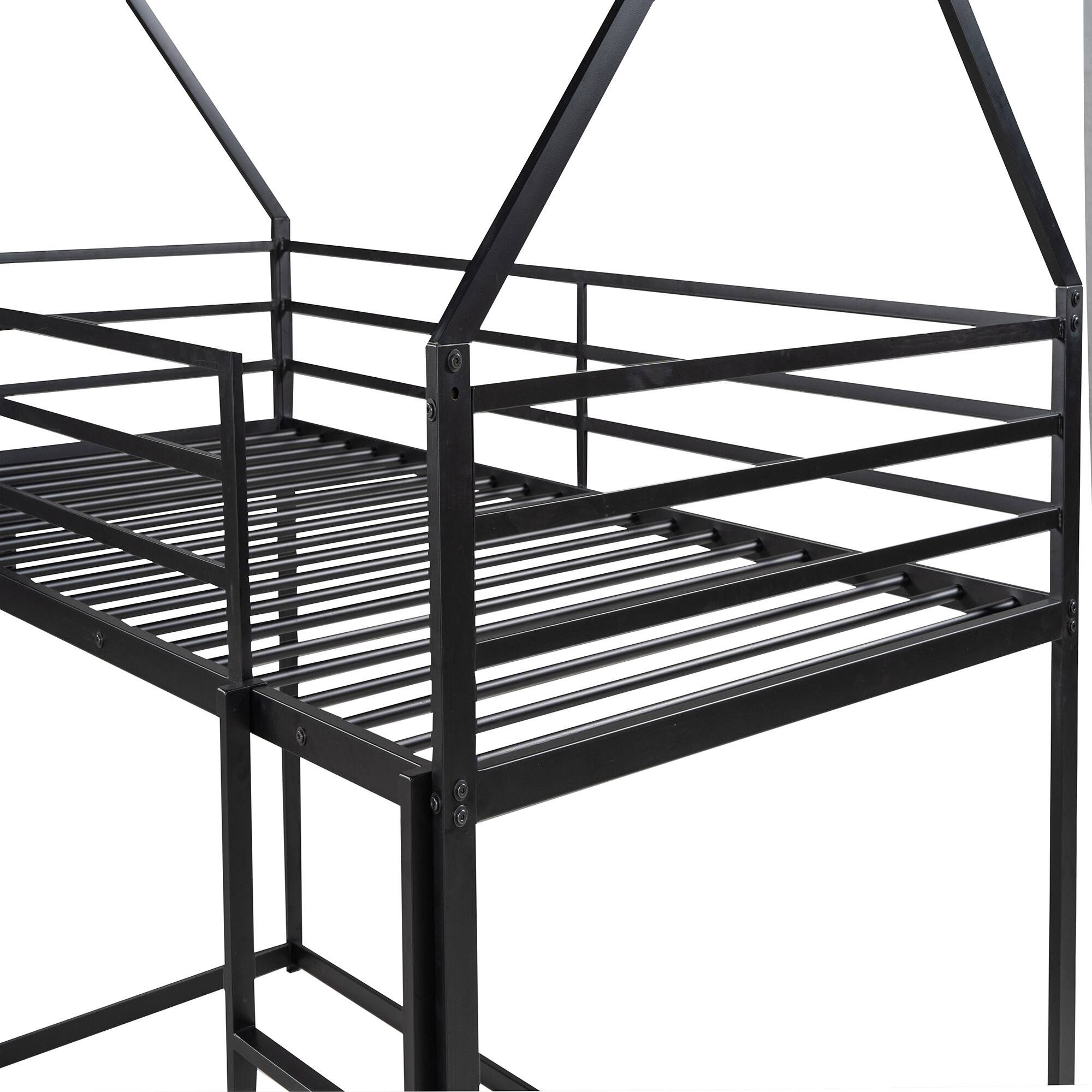 Back. Spaco - Spaco Metal House Bunk Bed with Slide and Ladder, Twin over Twin and  Safety Guardrail, Playhouse Design for Kids - Black.