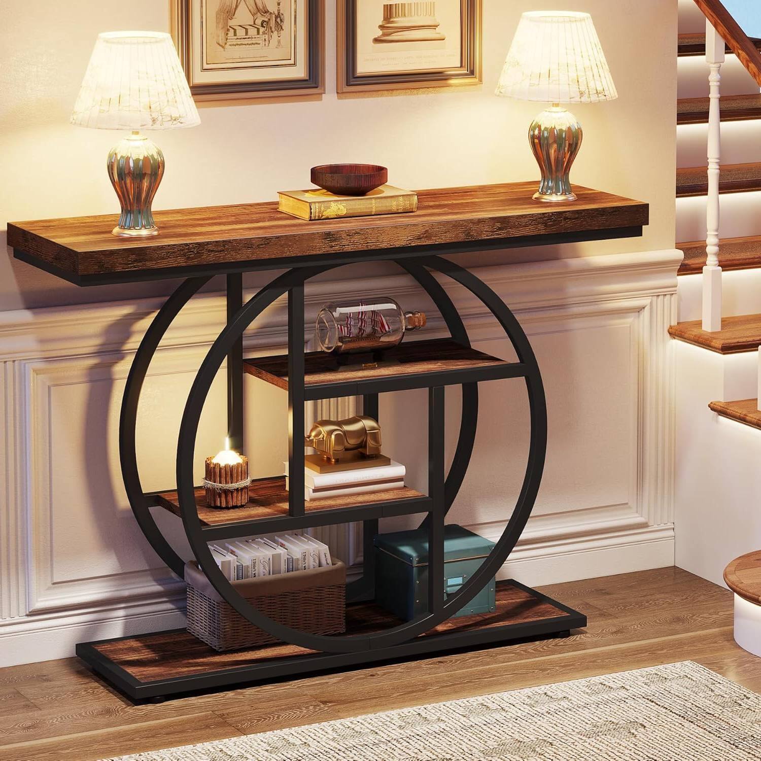 Left. Hivvago - Modern Industrial 41-inch Long Narrow Entryway Foyer Console Table with Shelves - Rustic Brown.