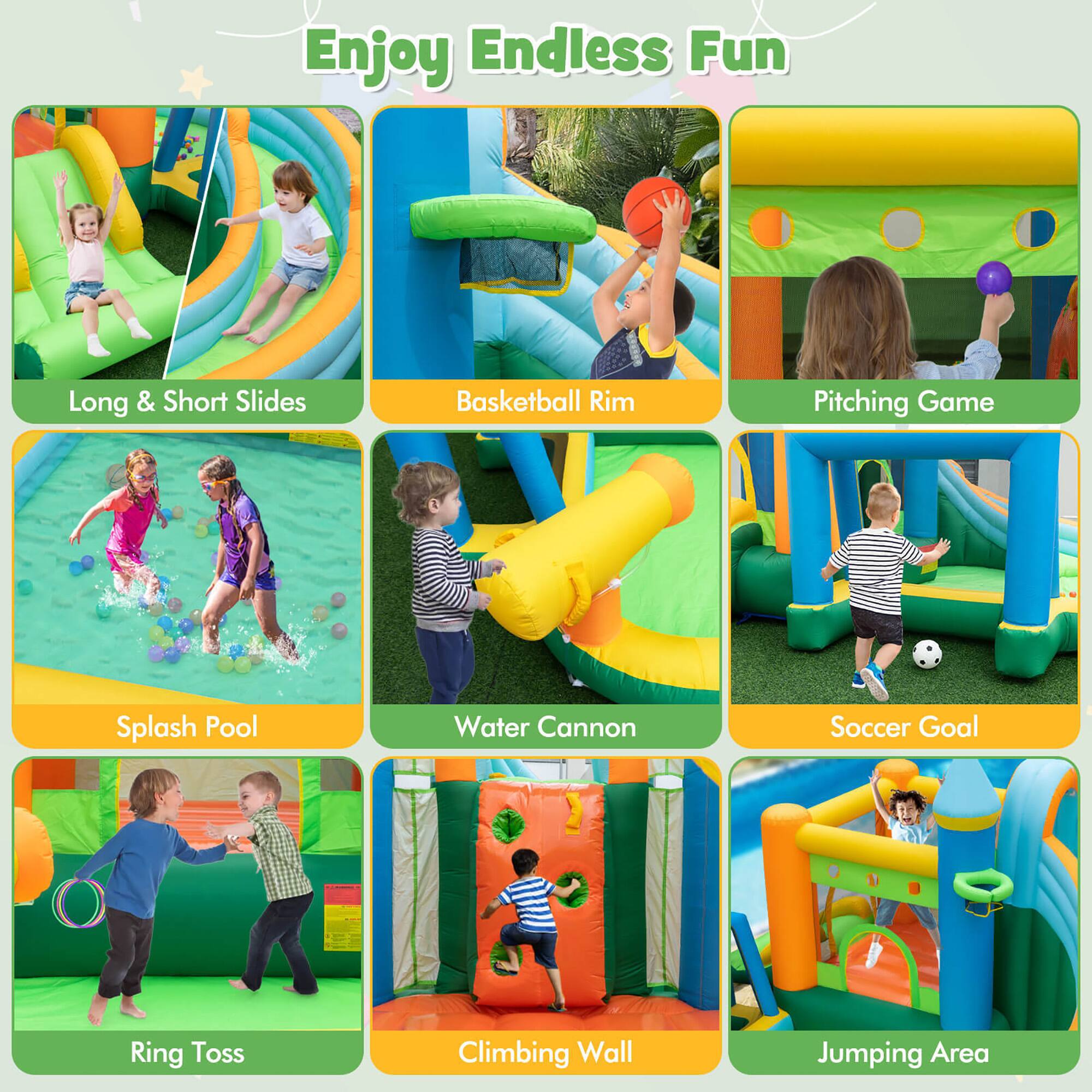 Enjoy Endless Fun

- Long & Short Slides
- Basketball Rim
- Pitching Game
- Splash Pool
- Water Cannon
- Soccer Goal
- Ring Toss
- Climbing Wall
- Jumping Area