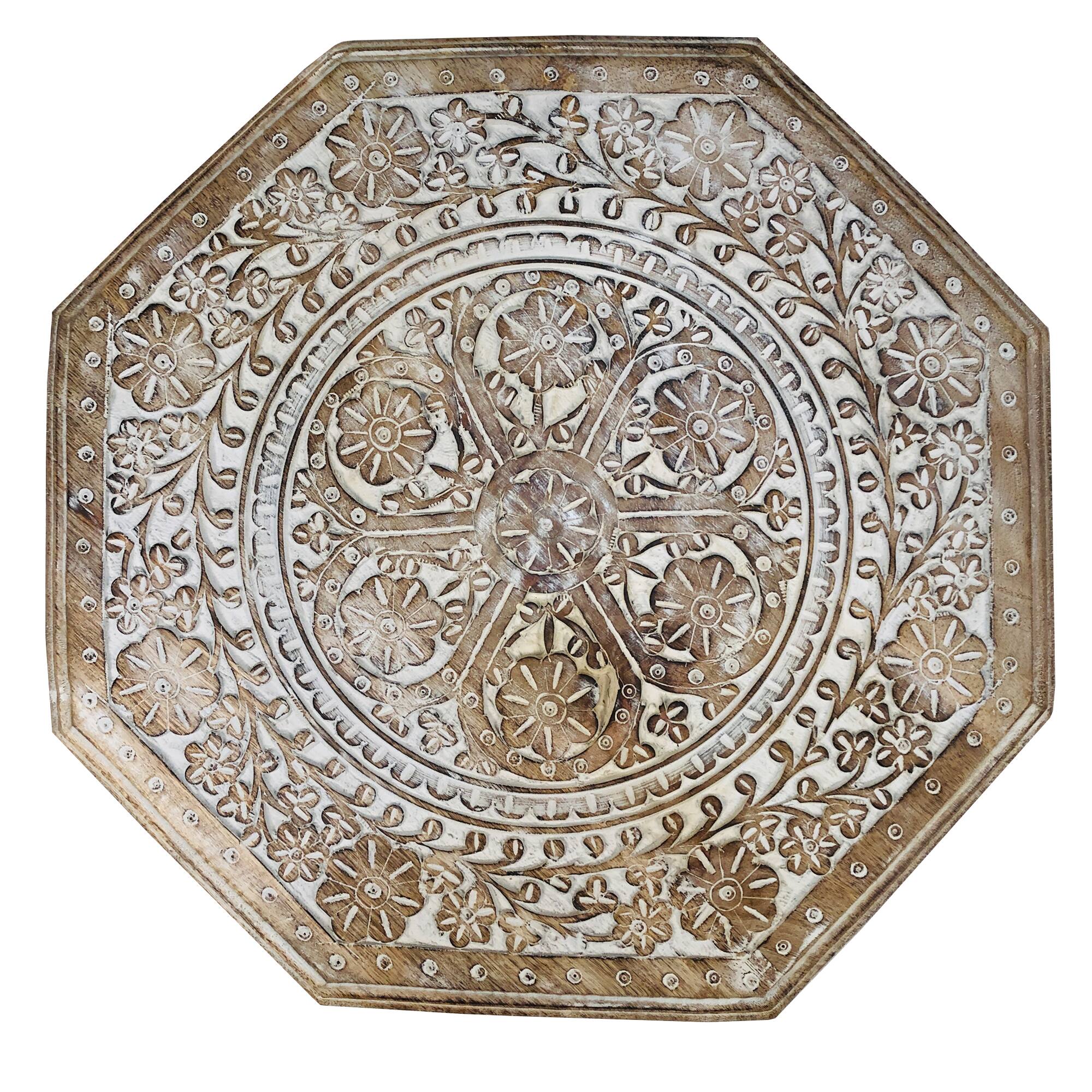 Alt View 2. Manhattan Lane - 18 Inch Handcrafted Farmhouse Side Table, Engraved Carved Design, Mango Wood, Octagonal Top - Brown.