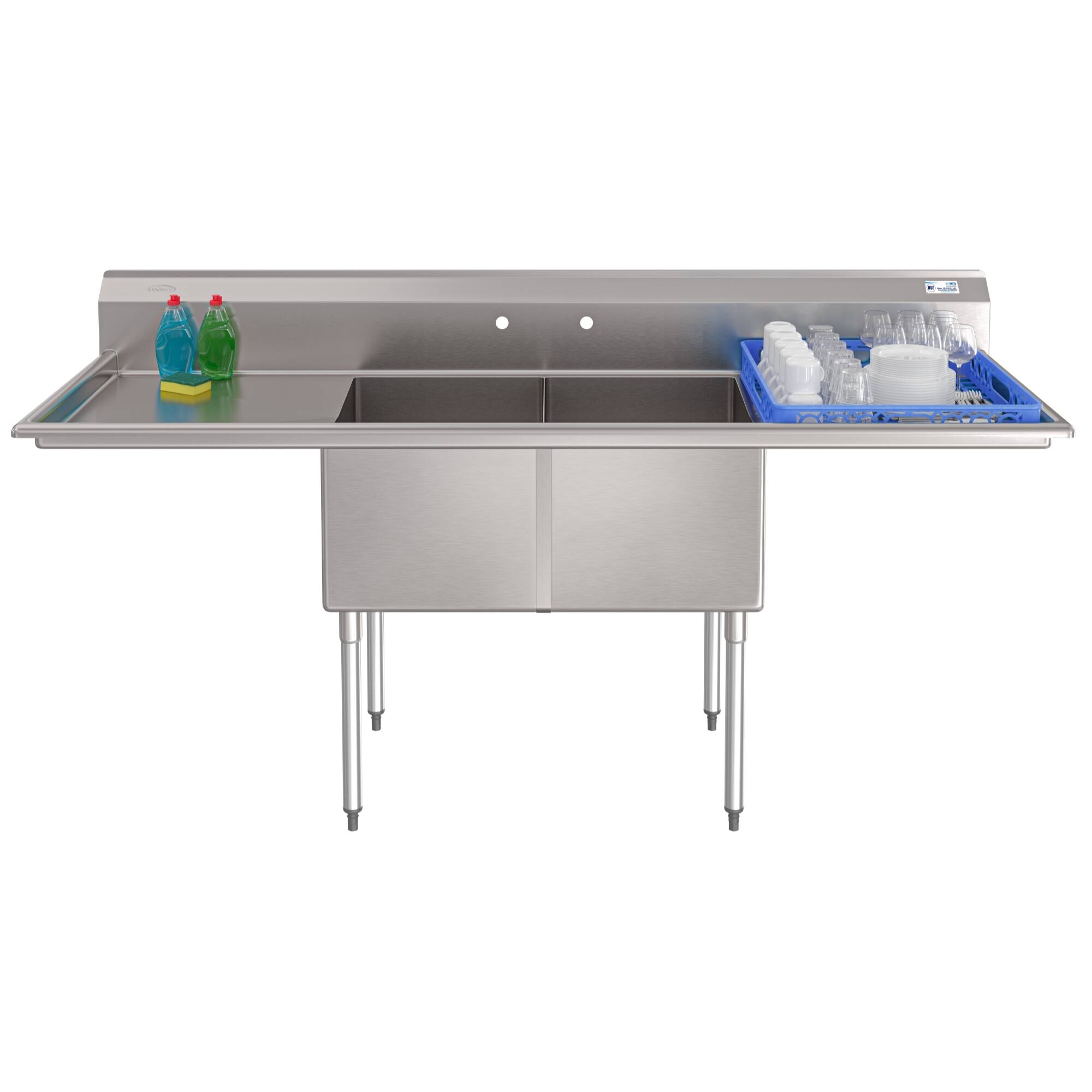 Front. Koolmore - 84 in. 18-Gauge 2-Compartment Sink with Backsplash and 24 in. Dual Drainboards, Bowl dimensions 18"x24"x14" - Stainless Steel.