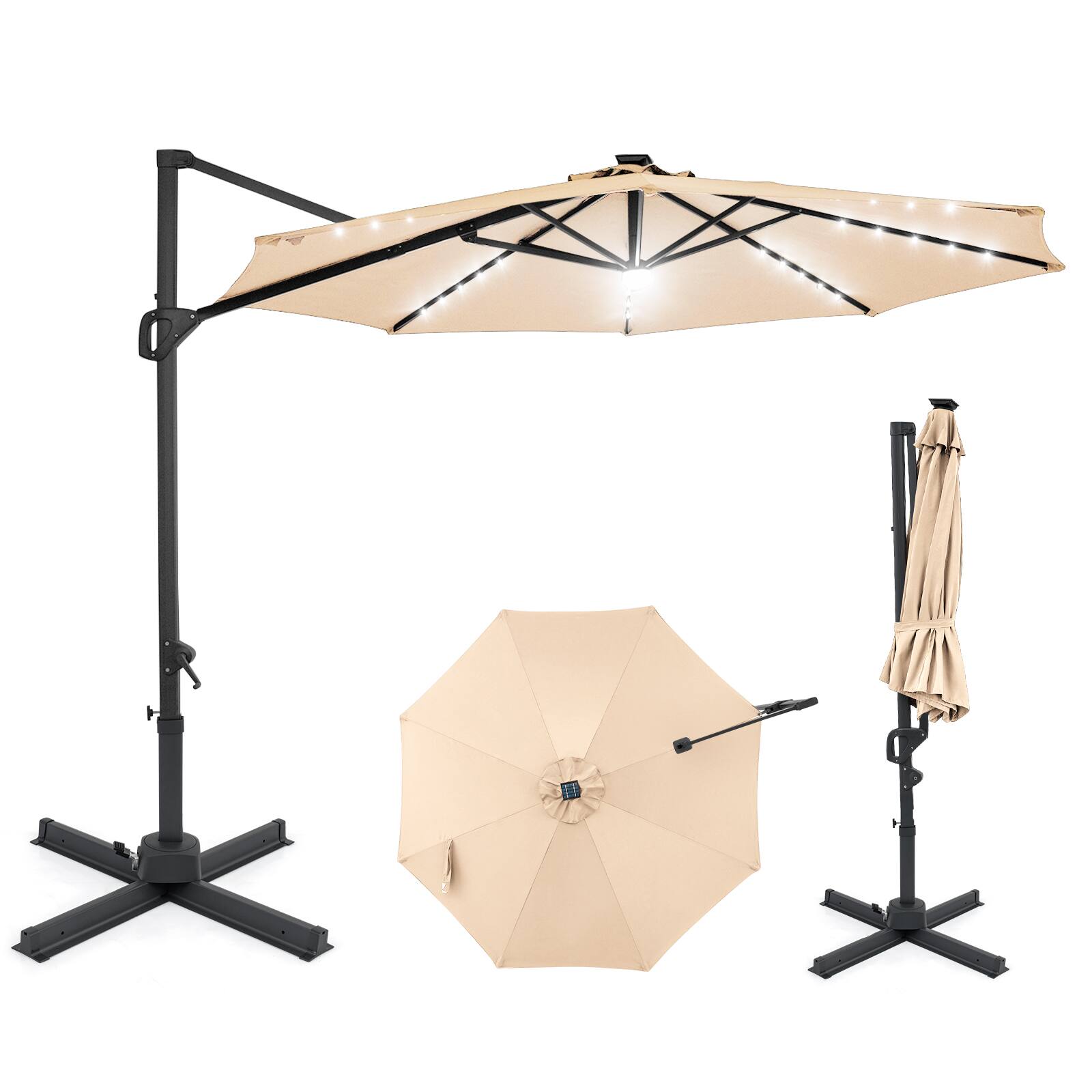 Front. Costway - Costway 10 FT Cantilever Patio Umbrella with Solar LED Lights, 360° Rotation, Easy Tilt - Beige.