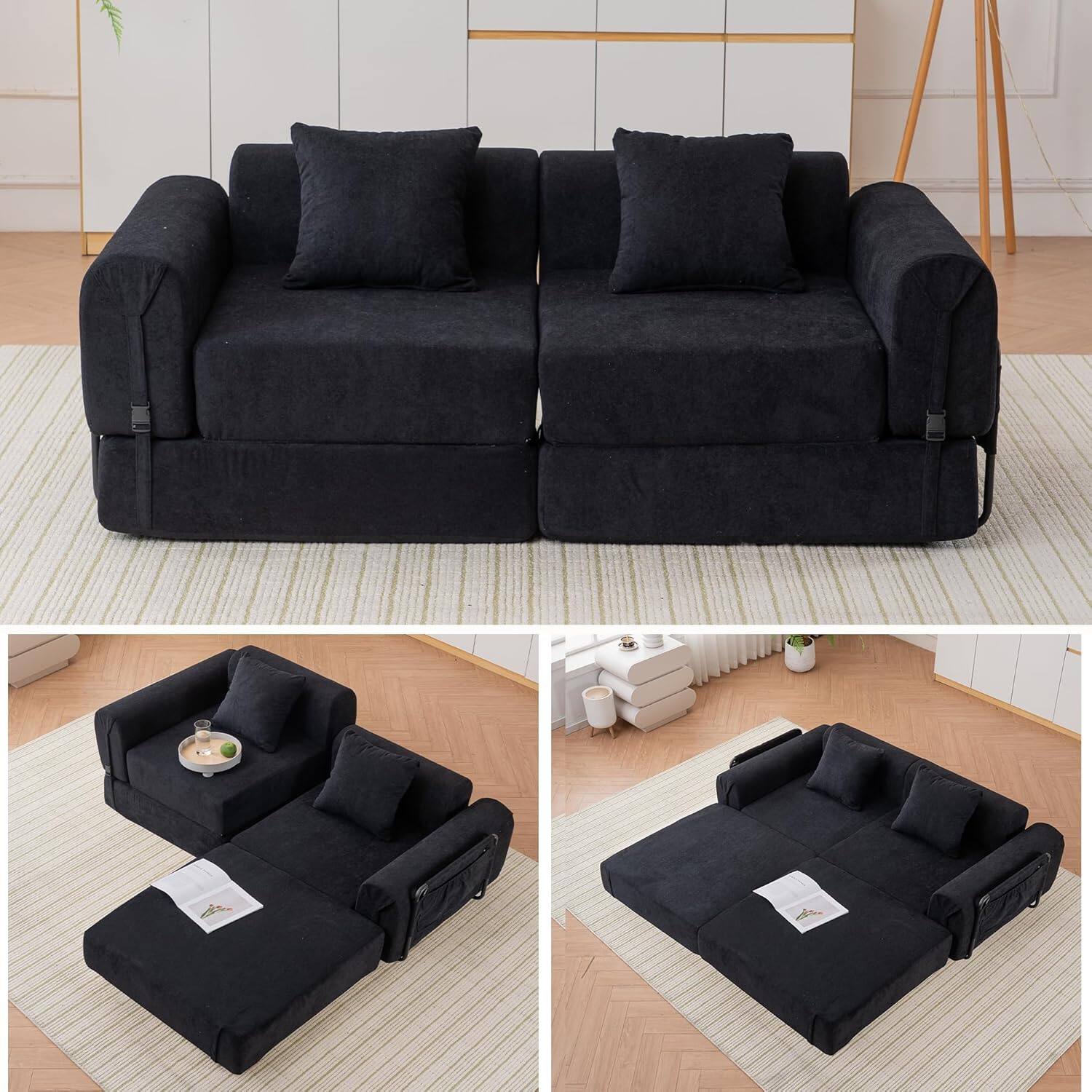 Front. AENKYO - Modern Convertible Sleeper Sofa Bed Futon Couch with Foldable/Pull Out Bed,Storage Pocket - Black.