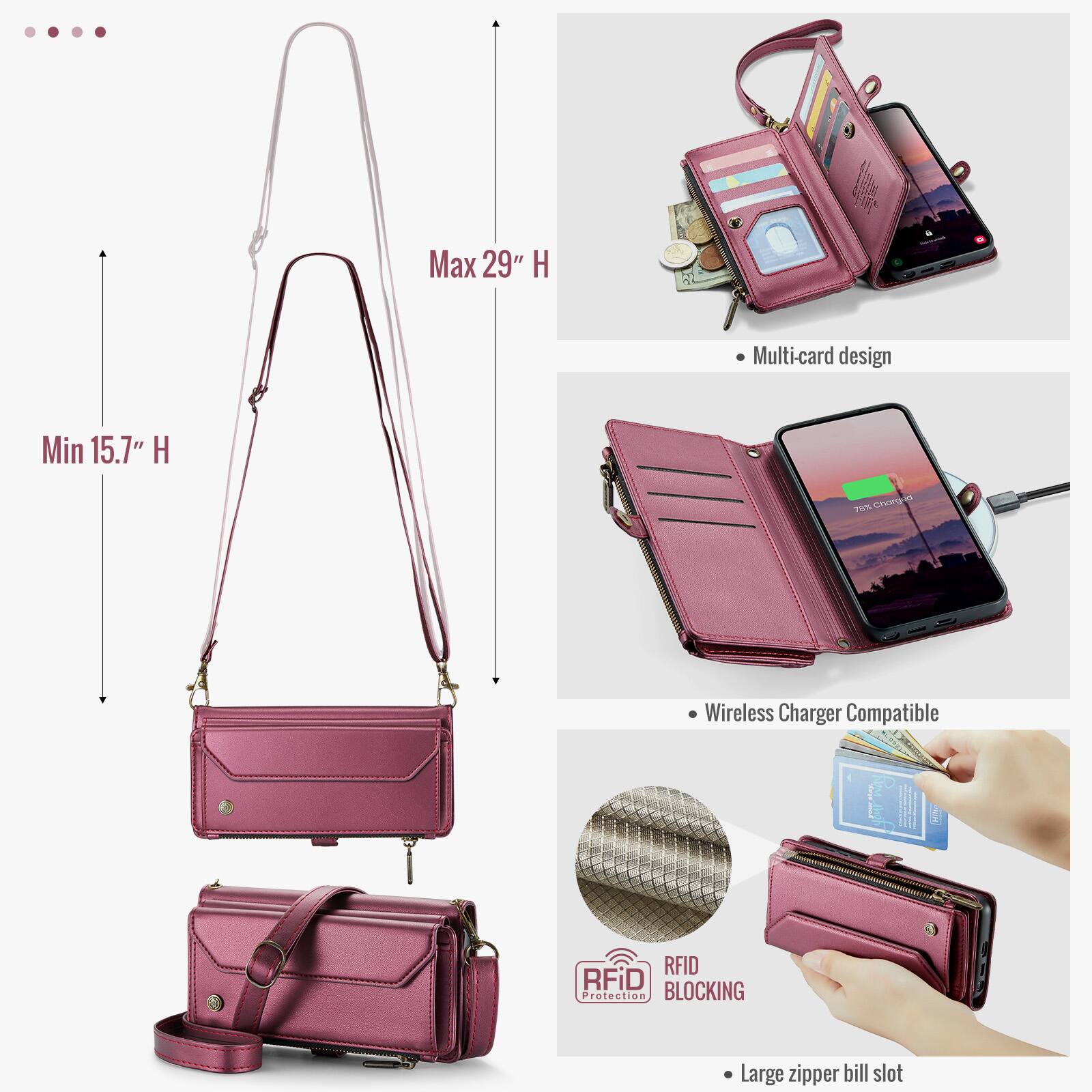 - Max 29" H
- Min 15.7" H
- Multi-card design
- 7% Chorded Wireless Charger Compatible
- RFID Blocking Protection
- Large zipper bill slot