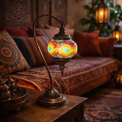 Front. FC Design - 15"H Bronze Swan Base Kilim Red–Green Mosaic Turkish Lamp.