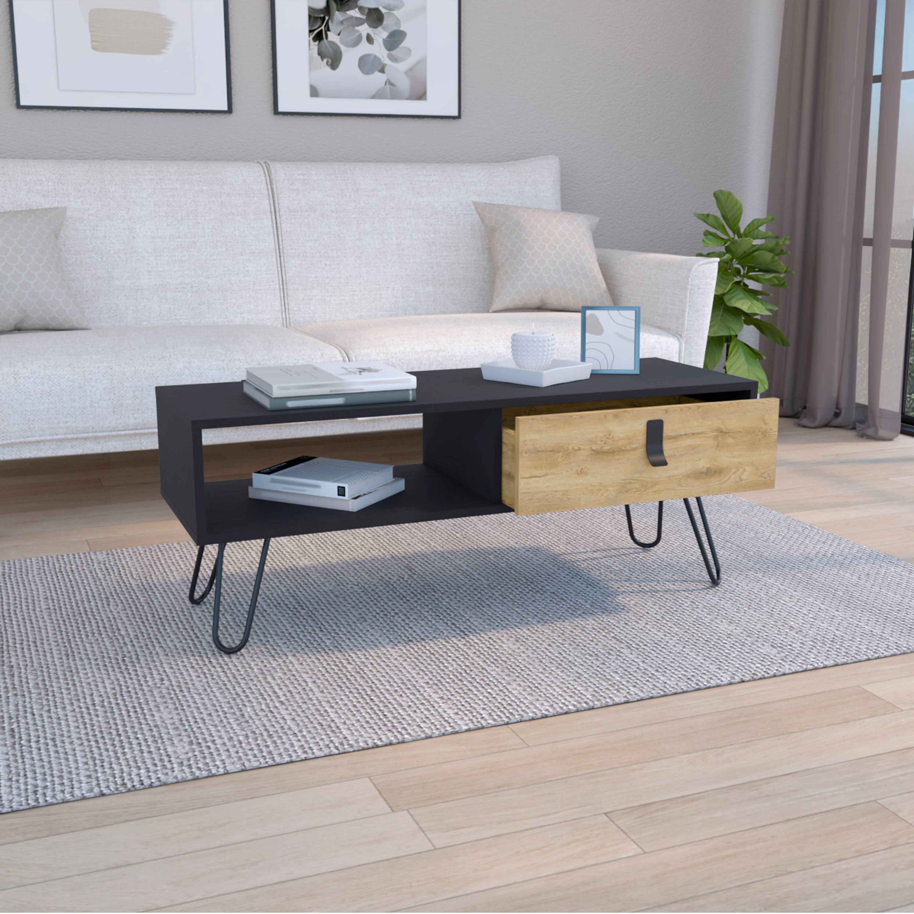 Alt View 1. TuHome - Huna Coffee Table With Hairpin Legs And Ample Storage Drawer - Black / Macadamia.