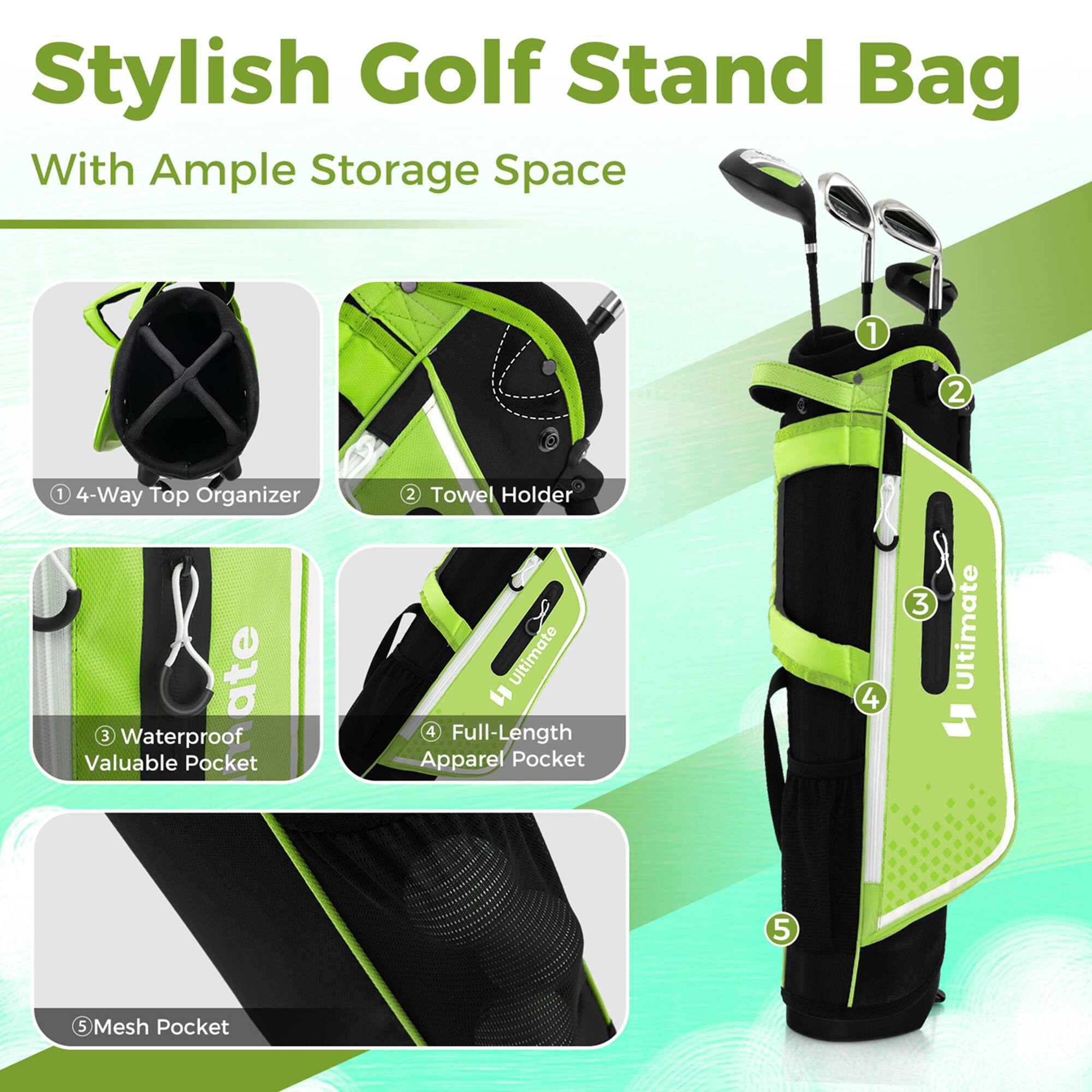 Stylish Golf Stand Bag  
With Ample Storage Space  

1. 4-Way Top Organizer  
2. Towel Holder  
3. Waterproof Valuable Pocket  
4. Full-Length Apparel Pocket  
5. Mesh Pocket
