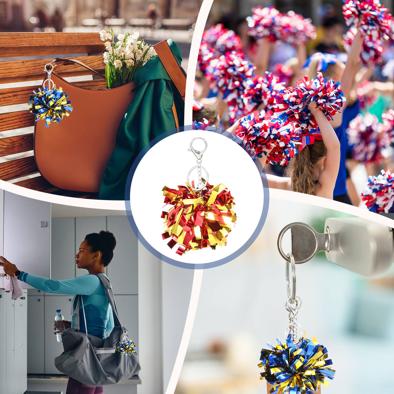 Alt View 5. Unique Bargains - 20pcs Cheer Pom Pom Keychain, Plastic Keyring Bulk for Cheerleaders Team Women Sports Events - Red/Gold Tone.