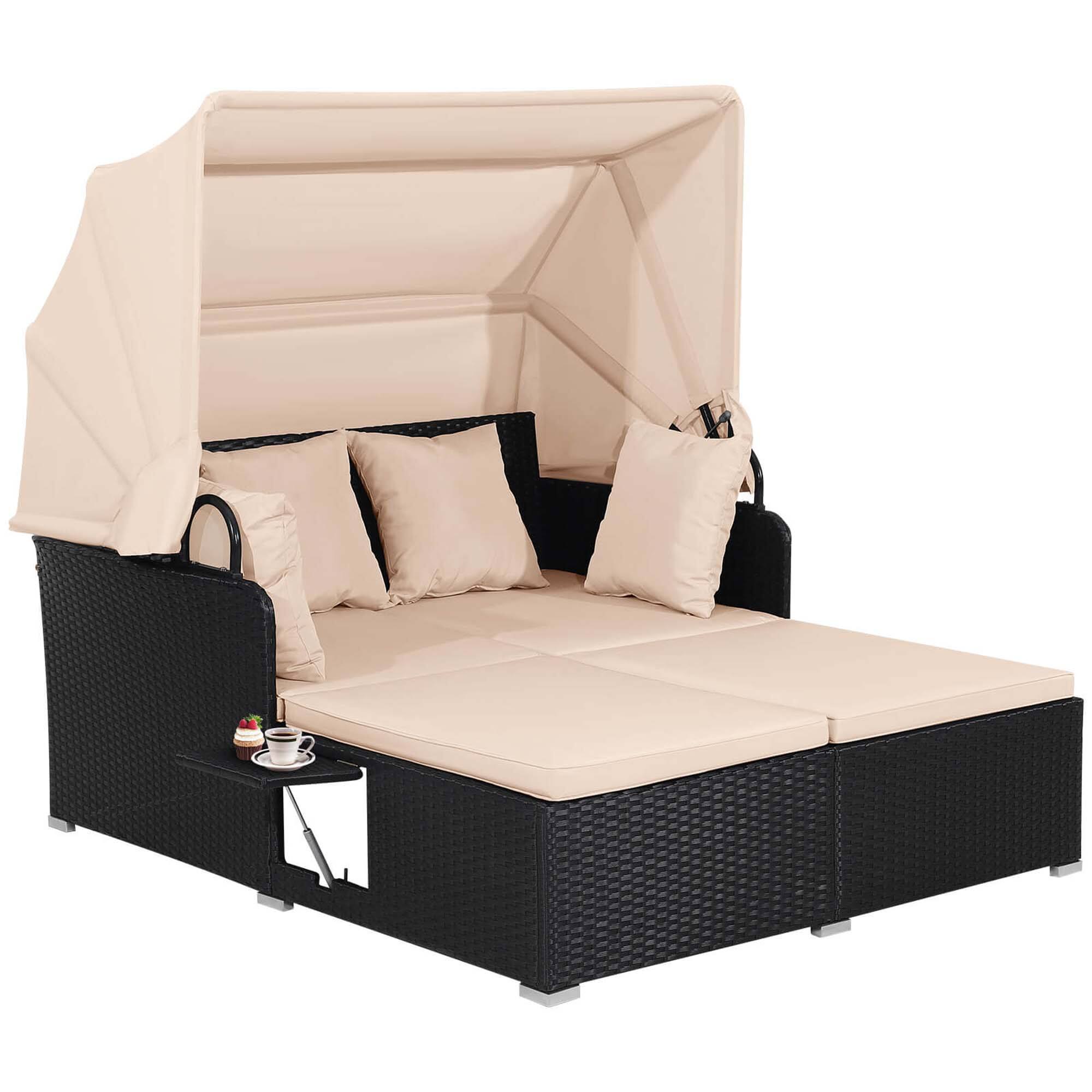Angle. Costway - Patio Rattan Daybed Lounge Retractable Top Canopy Side Tables Cushions - Black + Beige.