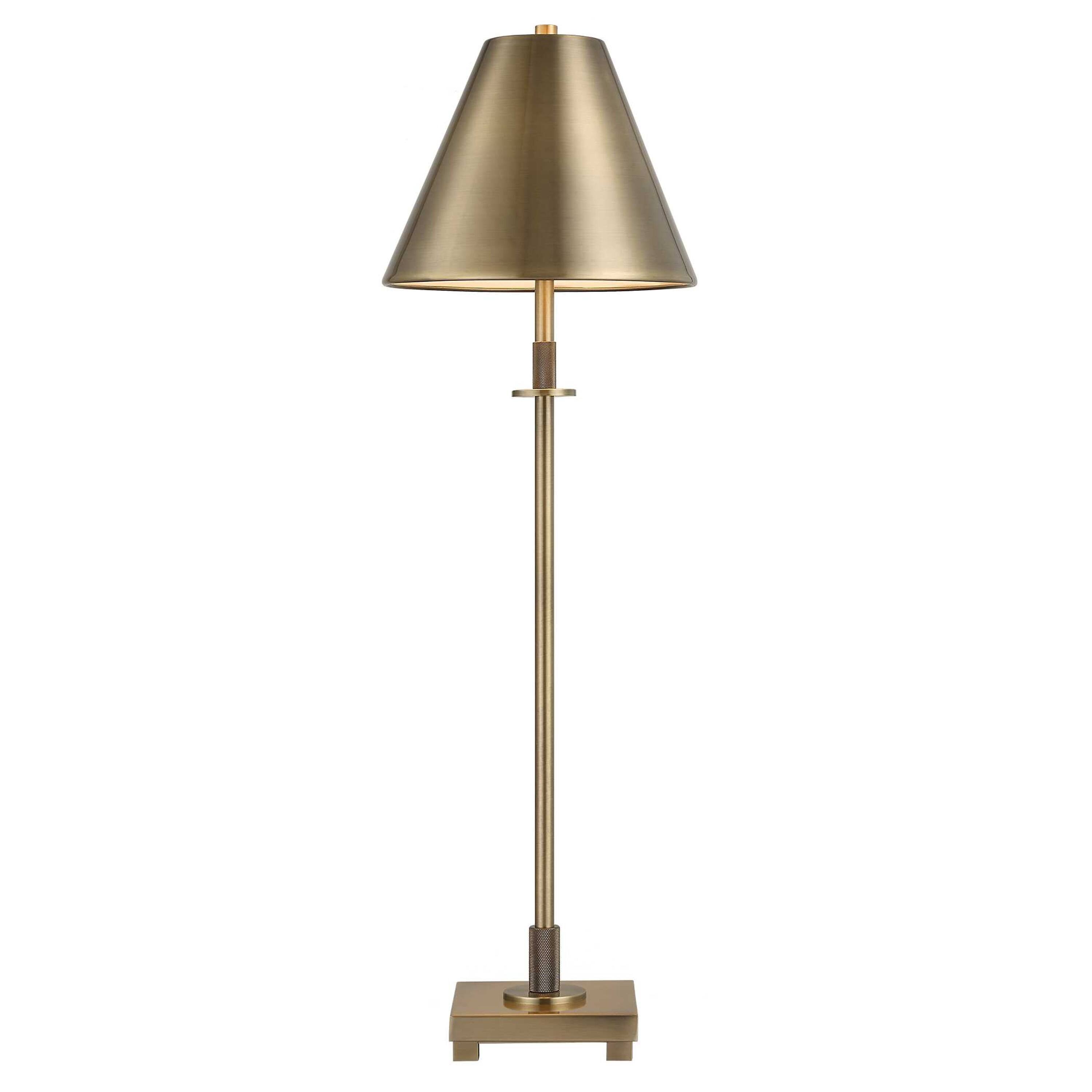 Angle. Manhattan Lane - Table Lamp with Metal Body and Tapered Shade, 32 Inch - Antique Brass.