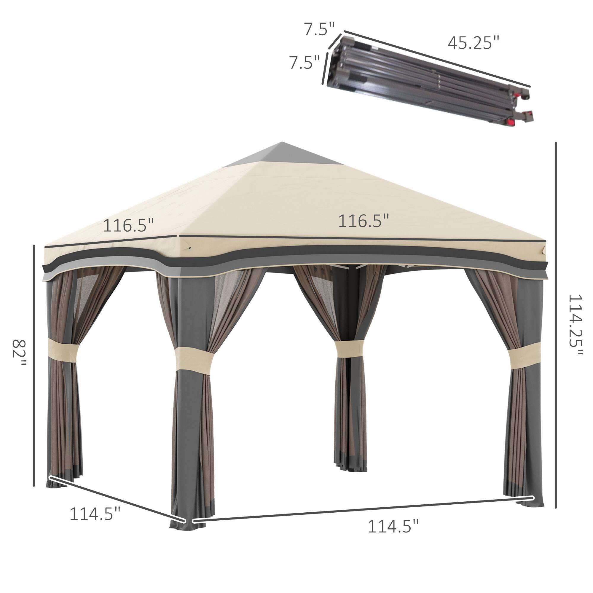 The text can be grouped as follows:

- Width: 116.5"
- Length: 114.5"
- Height: 114.25"
- Side curtain height: 8"
- Pole length: 45.25"
- Curtain width: 7.5"