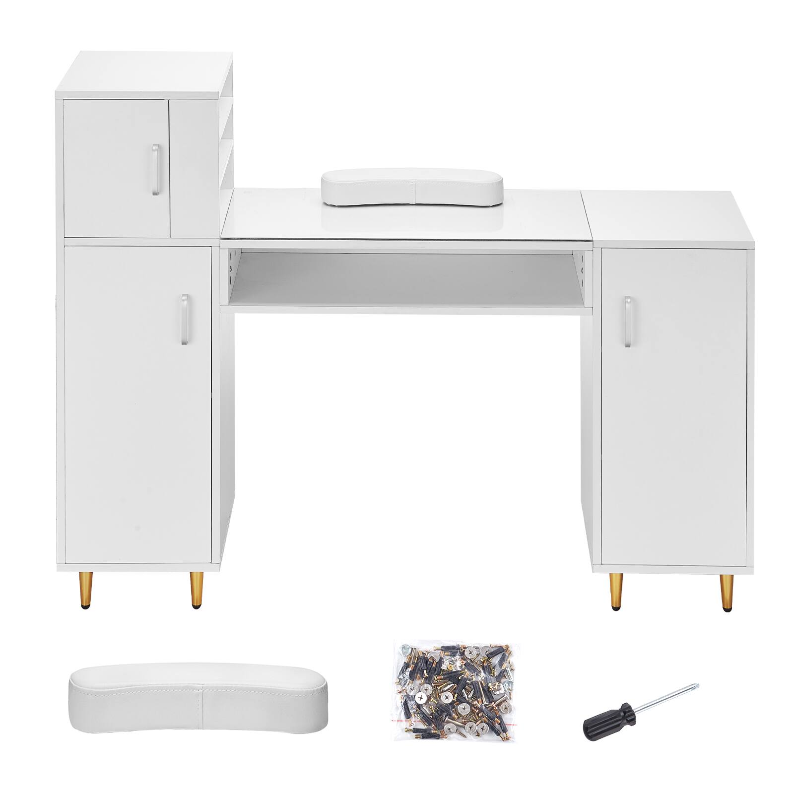 Alt View 5. VEVOR - Manicure Table,Glass Top Nail Desk,Makeup Dressing Nail Station with Storage Cabinets, Acetone-Resistant Nail Tech Table - White.