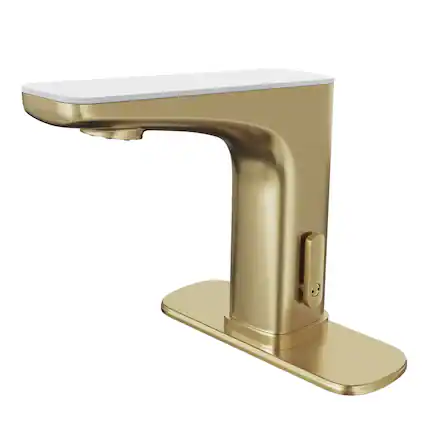 Front. Mondawe - Dual-Sensor Touchless Bathroom Sink Faucet with Temperature Display - Bruehed Gold.