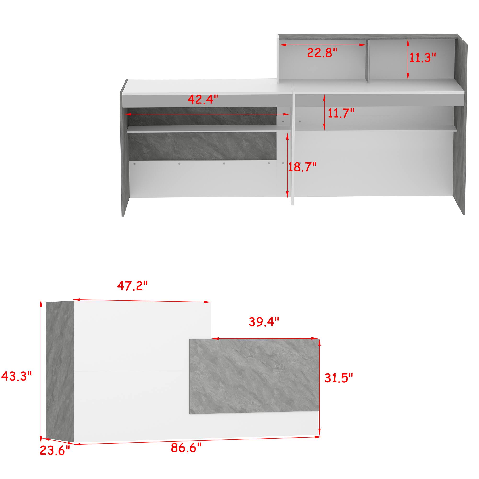 The text on the image reads: 22.8" 11.3" 42.4" 11.7" 18.7" 47.2" 39.4" 43.3" 31.5" 23.6" 86.6". This is a set of measurements for a desk, with the dimensions of the desk and the countertop.