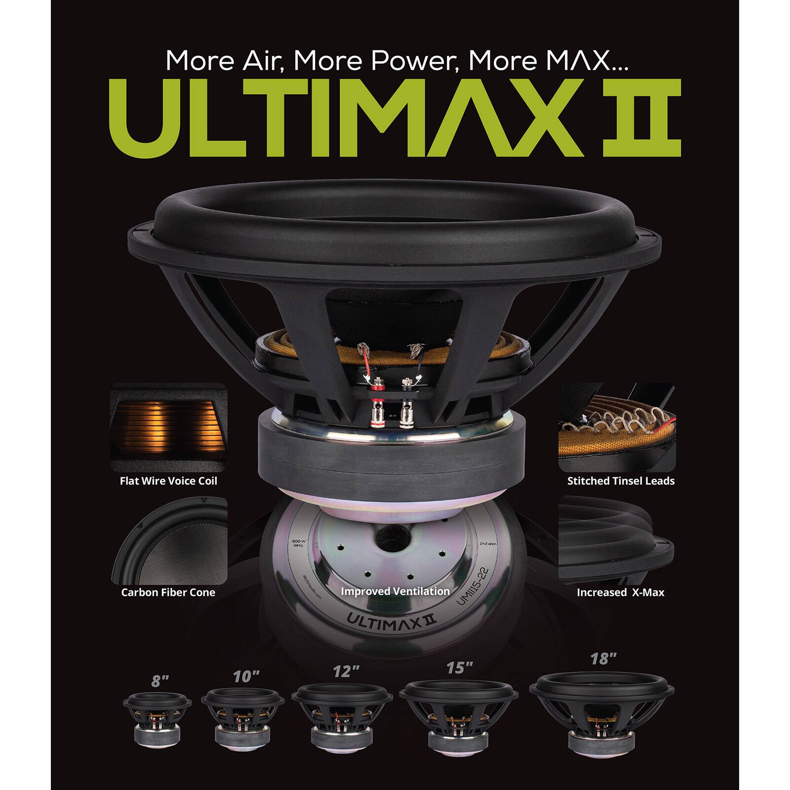 More Air, More Power, More MAX...
ULTIMAX II

Flat Wire Voice Coil
Stitched Tinsel Leads
Carbon Fiber Cone

8"
10"
12"
15"
18"

Improved Ventilation
Increased X-Max