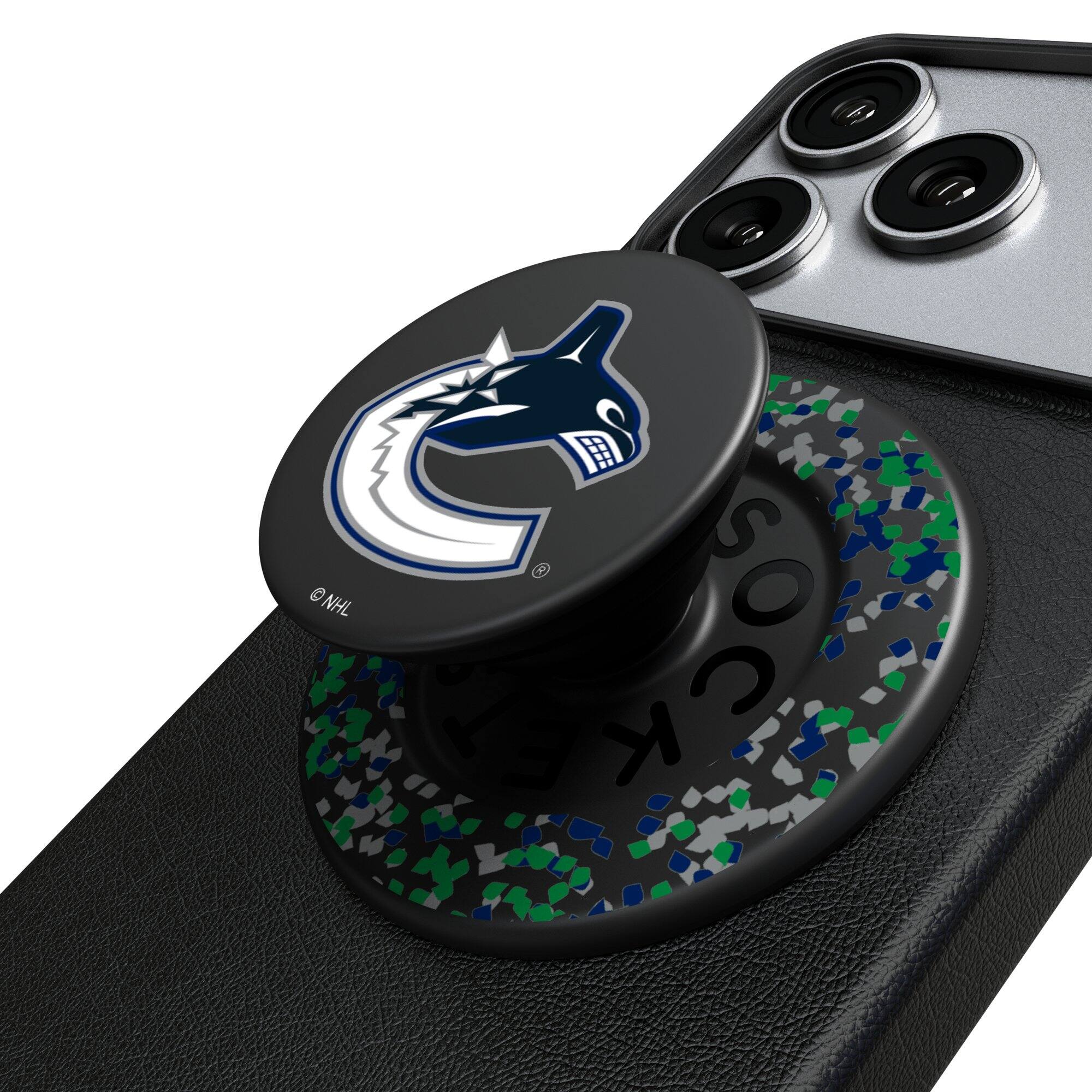 Front. Keyscaper - Vancouver Canucks Confetti Magnetic Phone Grip & Stand - No Size - Black.