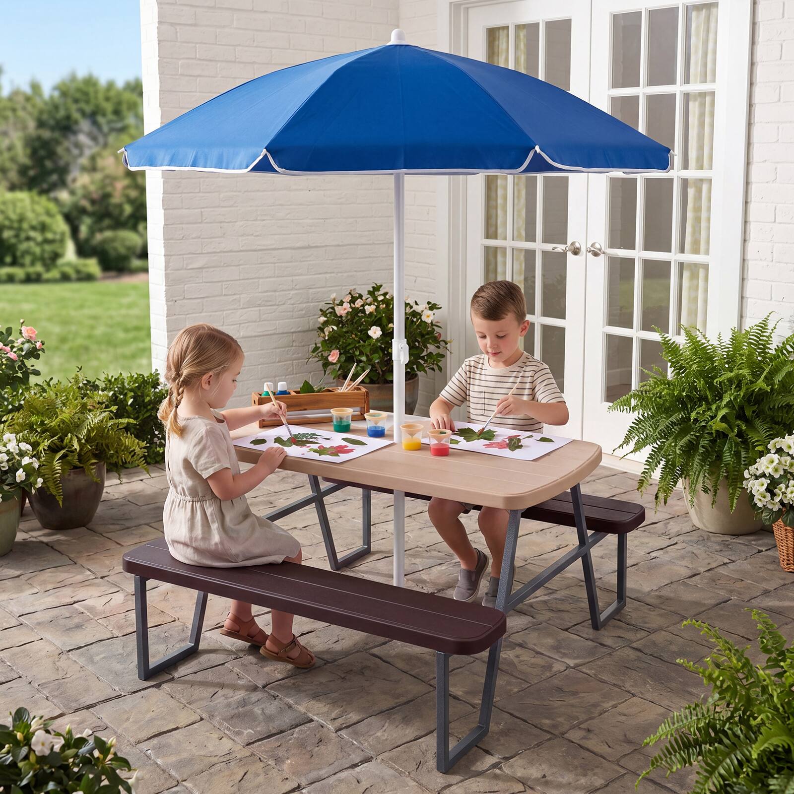 Alt View 3. Costway - Costway Kids Picnic Table with Benches Removable Adjustable Umbrella Metal Frame for Patio - Brown.