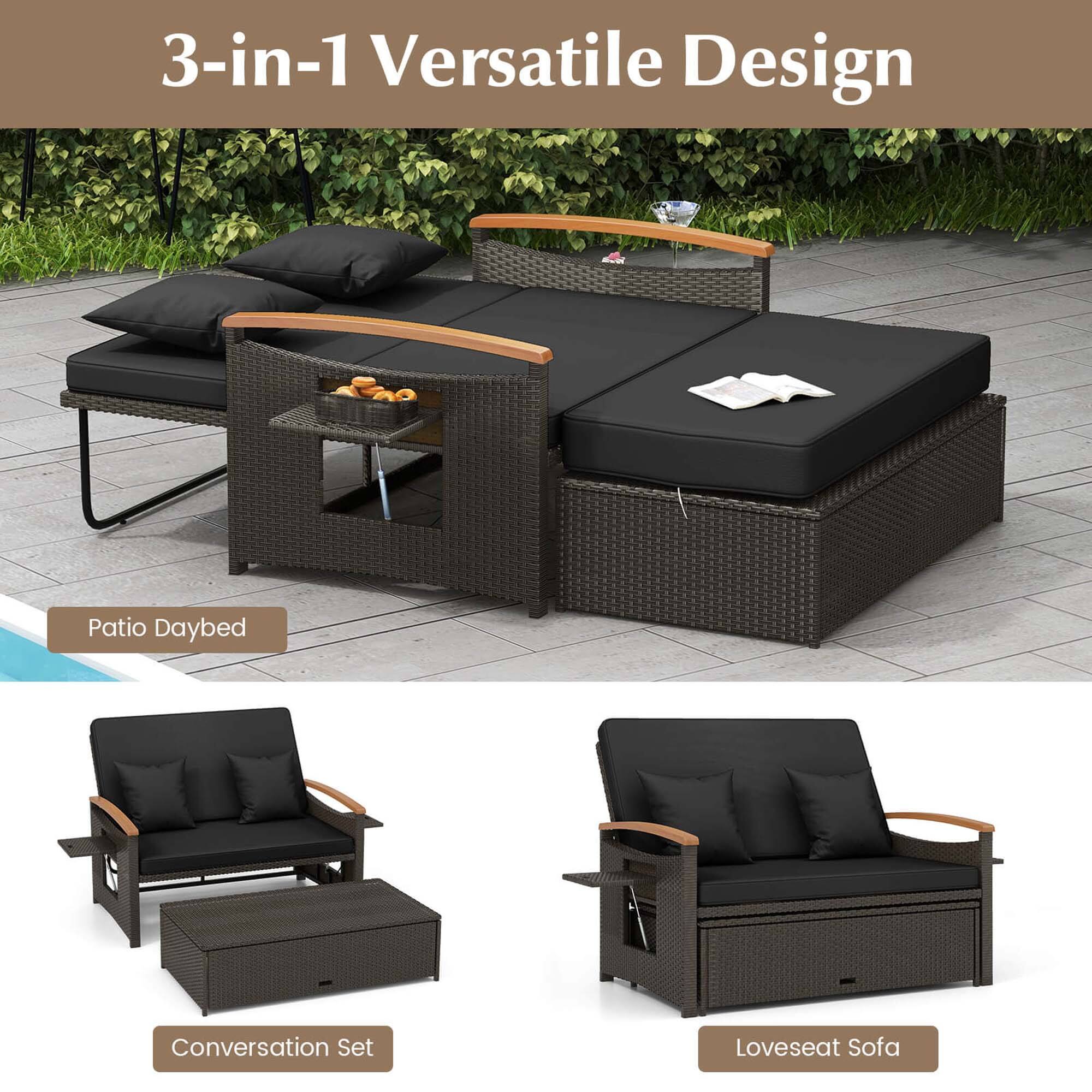 3-in-1 Versatile Design Patio Daybed Conversation Set Loveseat Sofa