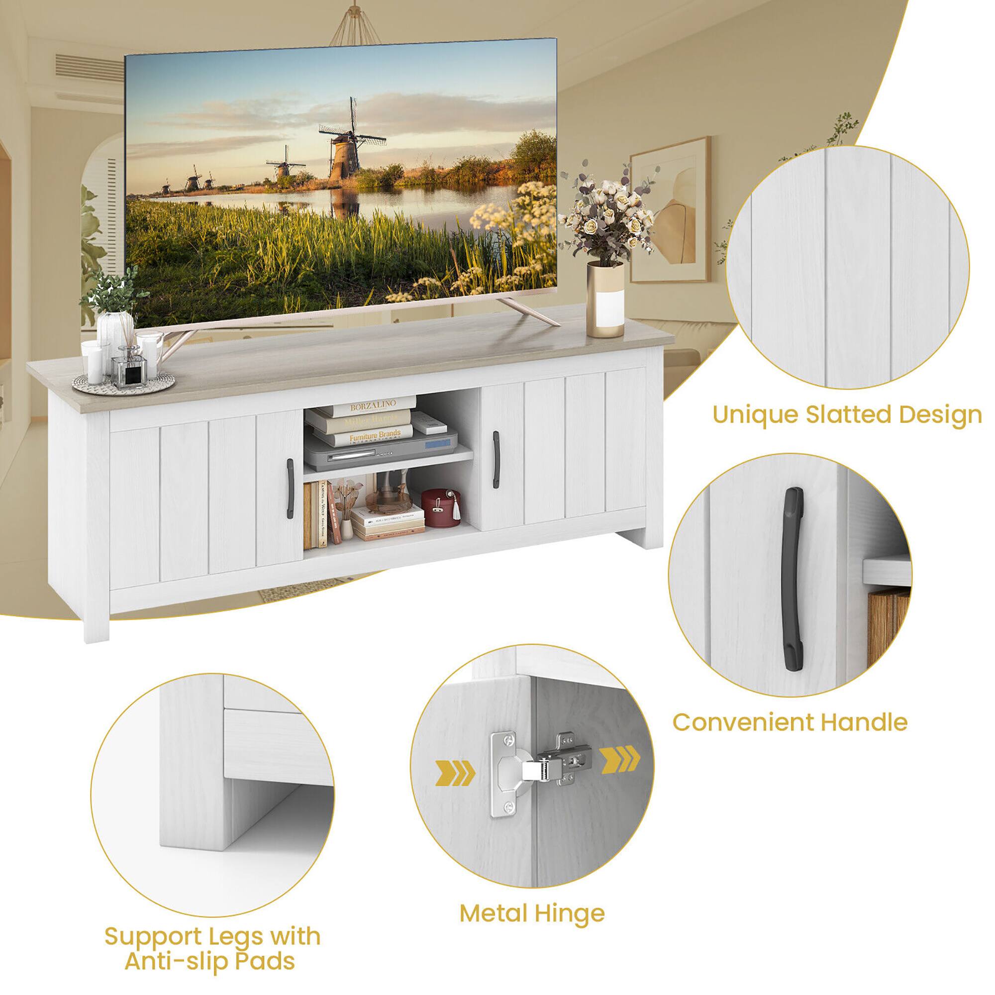 The image features a television sitting on top of a wooden stand. The stand has a unique slatted design and comes with a convenient handle for easy access. The television is placed on a shelf, which also has anti-slip pads to prevent it from slipping. The stand also has a metal hinge for added support and stability. The television is surrounded by a few books, adding a cozy and lived-in feel to the space.