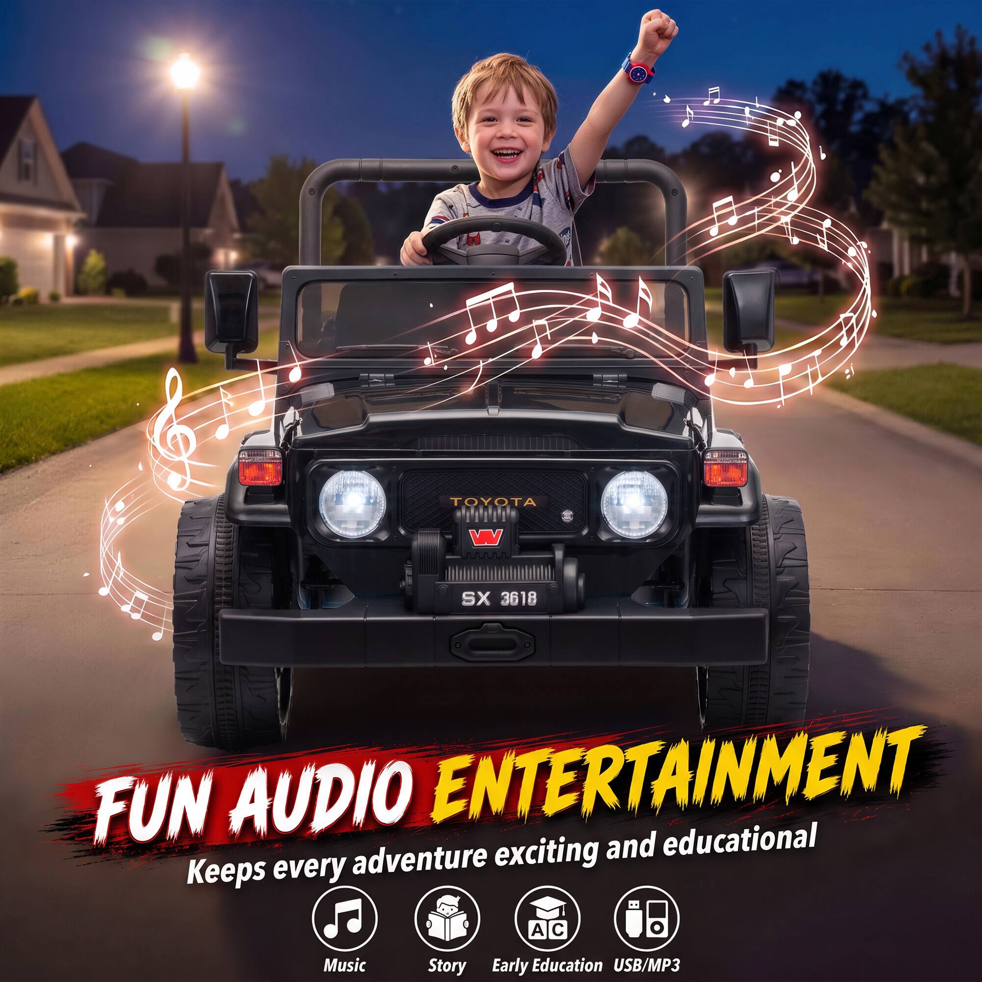 TOYOTA  
W  
SX 3618  

FUN AUDIO ENTERTAINMENT  
Keeps every adventure exciting and educational  

Music  
Story  
Early Education  
USB/MP3
