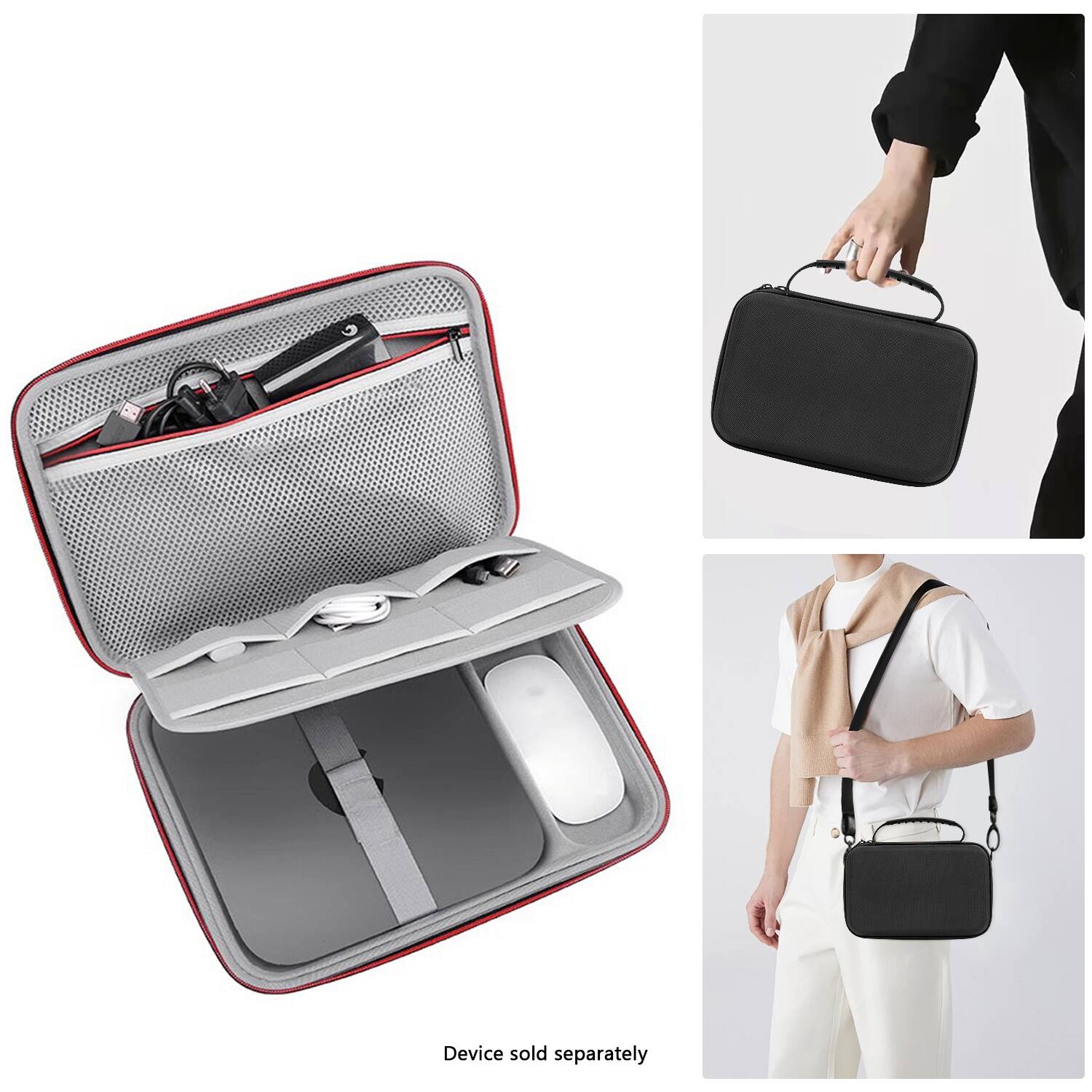 The image shows a black and grey laptop bag with a mouse inside it. The bag is open, revealing the mouse inside. The bag is being held by a person, and the mouse is placed in the bag. The text "Device sold separately" is visible in the image, indicating that the laptop is not included with the bag and must be purchased separately.