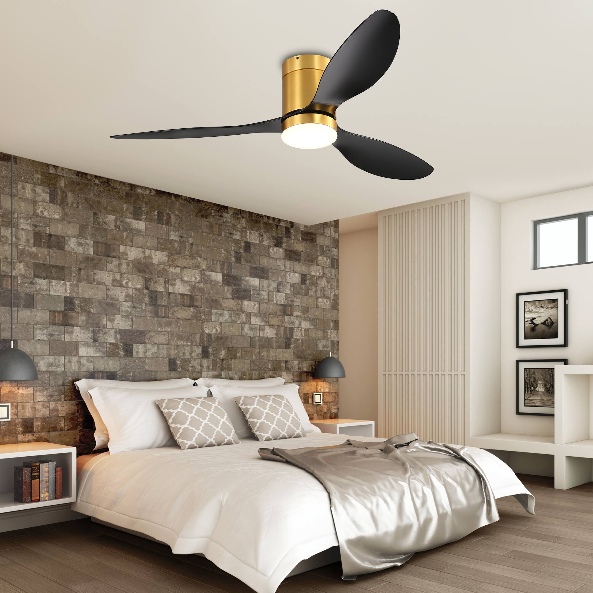 Left. Breezary - 52-Inch Flush Mount LED Ceiling Fan with 3 ABS Blades, DC Motor 120V/60Hz 28W, Memory Function, Remote Control - Black and Gold (with light).