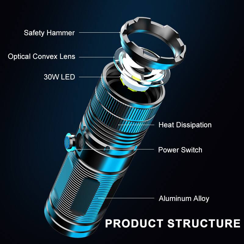 Safety Hammer  
Optical Convex Lens  
30W LED  
Heat Dissipation  
Power Switch  
Aluminum Alloy  

PRODUCT STRUCTURE
