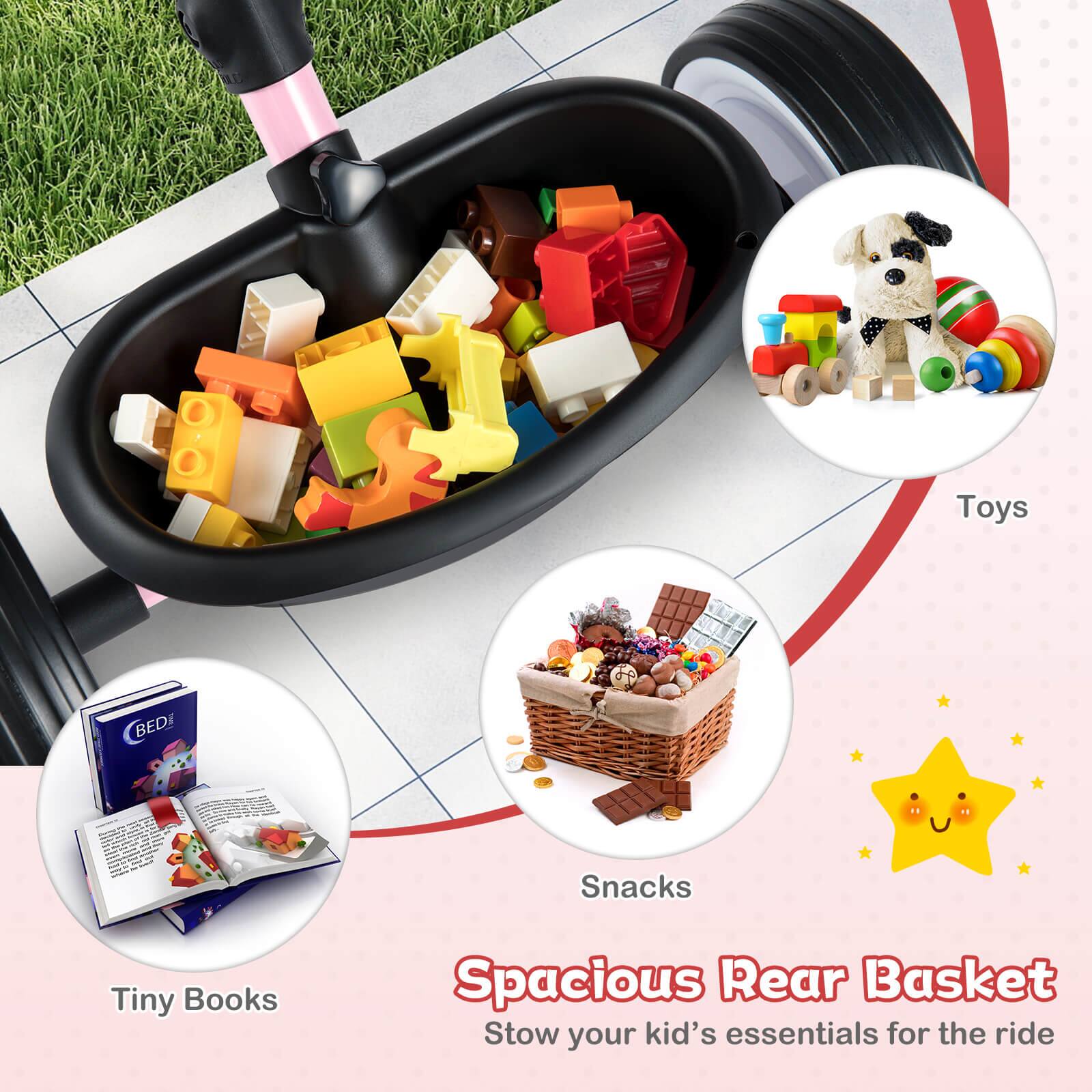 Toys  
BEDi  
Snacks  
Tiny Books  
Spacious Rear Basket  
Stow your kid's essentials for the ride
