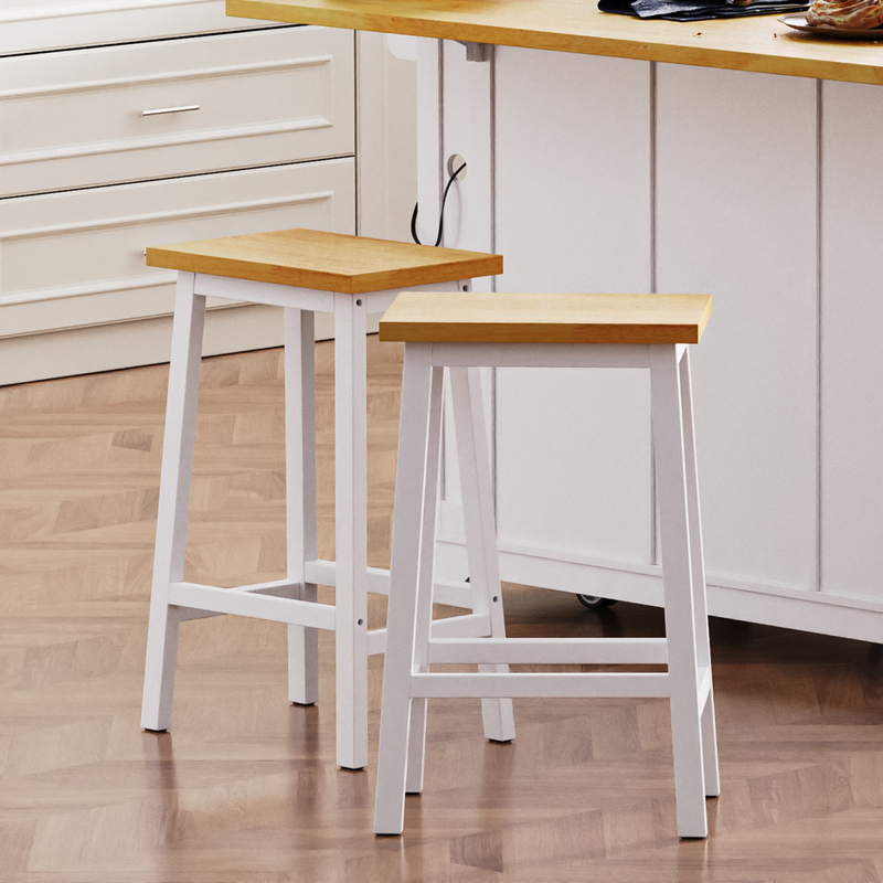 HTUTWOO - Solid Wood Bar Stools Set of 2, 25.6" Counter Height Stools with Footrest, for Kitchen Island, Dining Room & Home Bar - White