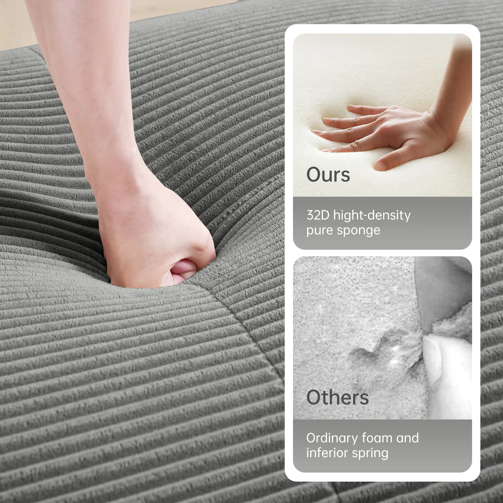 Ours  
32D high-density pure sponge  

Others  
Ordinary foam and inferior spring