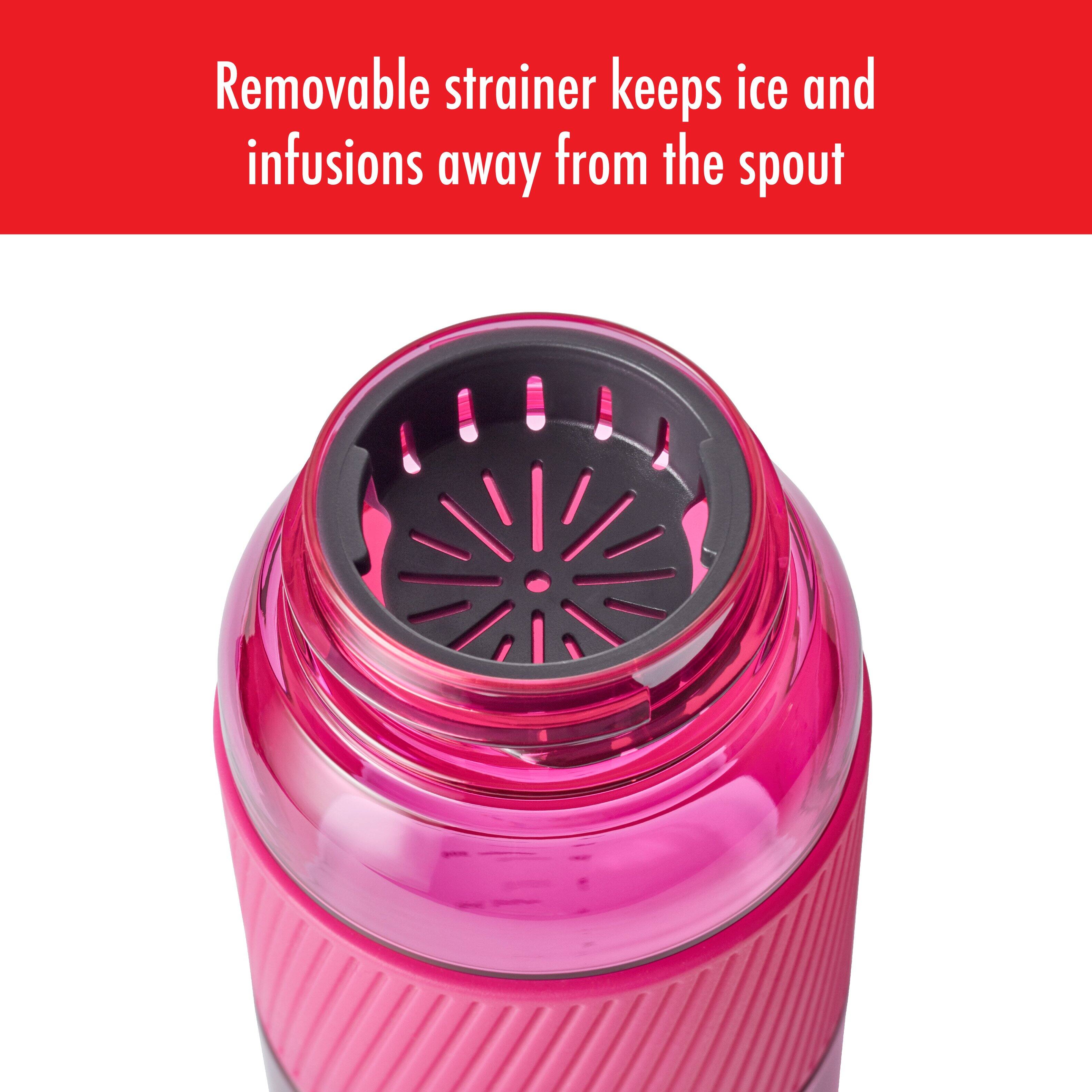 Removable strainer keeps ice and infusions away from the spout