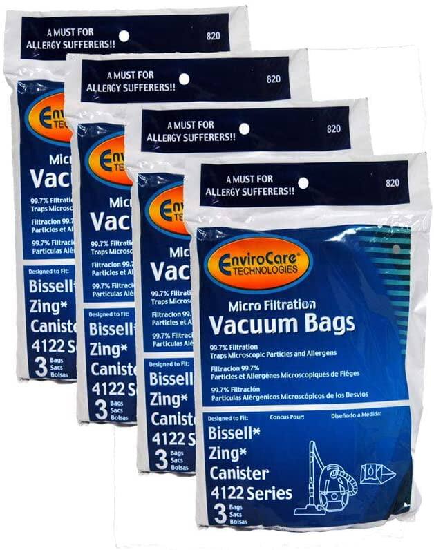 A MUST FOR ALLERGY SUFFERERS!!  
820  
A MUST FOR ALLERGY SUFFERERS!!  
Mic Vac  
99.7% Filtration Traps Microscopic Particles and Allergens  
Designed to Fit: Bissell Zing* Canister 4122 Series  
3 Bags  
EnviroCare Technologies  
Micro Filtration Vacuum Bags  
99.7% Filtration Traps Microscopic Particles and Allergens  
Designed to Fit: Bissell Zing* Canister 4122 Series  
3 Bags  
Designed to Fit: Bissell Zing* Canister 4122 Series  
3 Bags  
Designed to Fit: Bissell Zing* Canister 4122 Series  
3 Bags