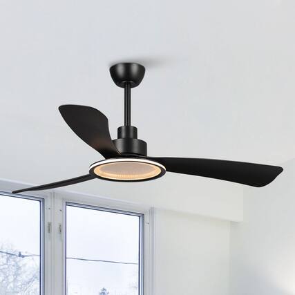 Front. Parrot Uncle - 52" Bohemian Industrial DC Motor Downrod Mount Reversible Ceiling Fan with Lighting and Remote Control - Matte Black.