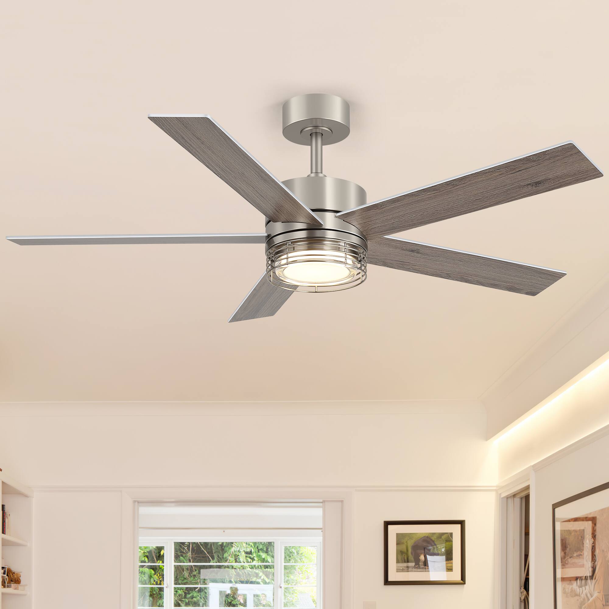 Angle. Breezary - 52-Inch LED Ceiling Fan with 5 Reversible Blades, Dimmable 3-Color Light, Quiet DC Motor & Remote, 6&10" Downrods - 52-Inch Brushed Nickel.