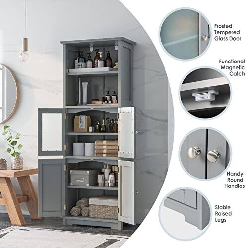 Frosted Tempered Glass Door, Functional Magnetic Catch, Handy Round Handles, Stable Raised Legs