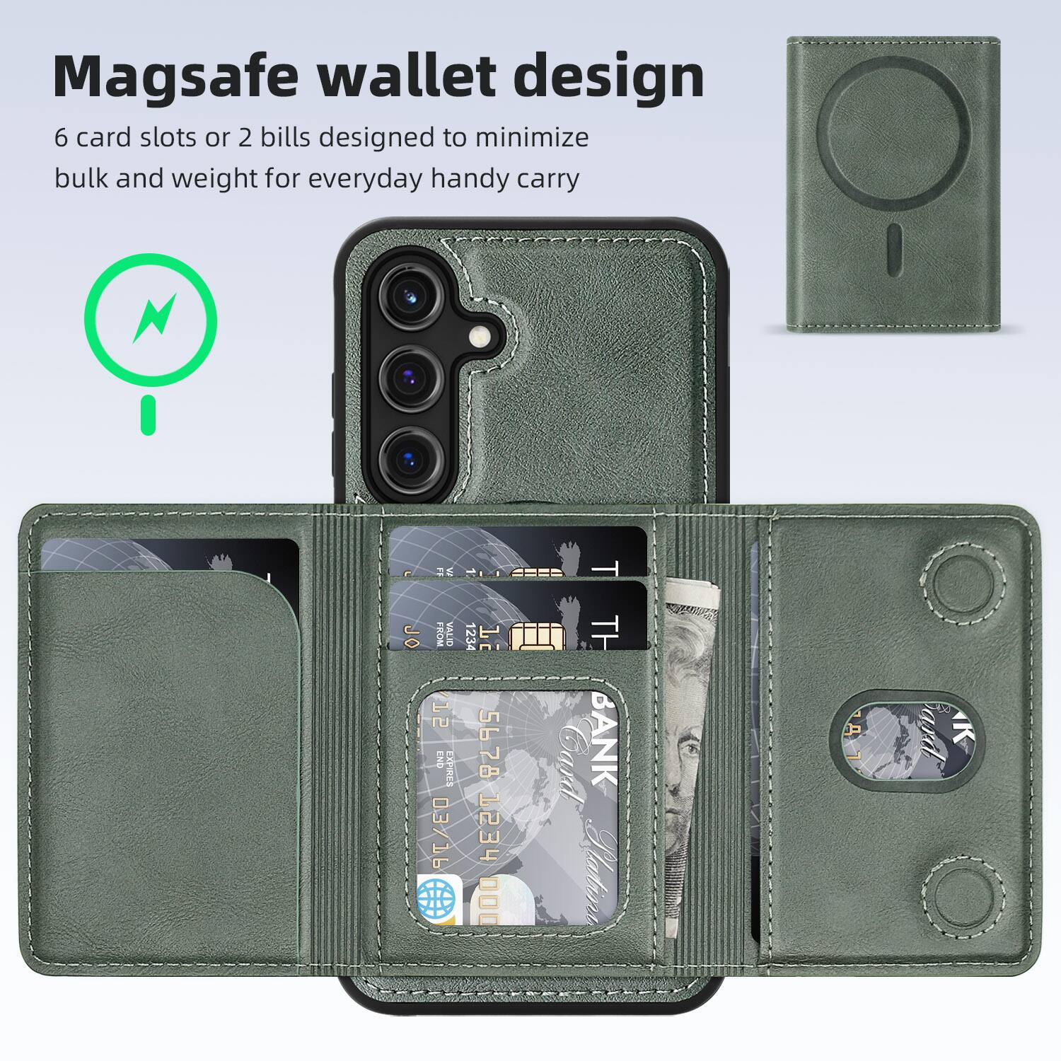 Magsafe wallet design  
6 card slots or 2 bills designed to minimize bulk and weight for everyday handy carry