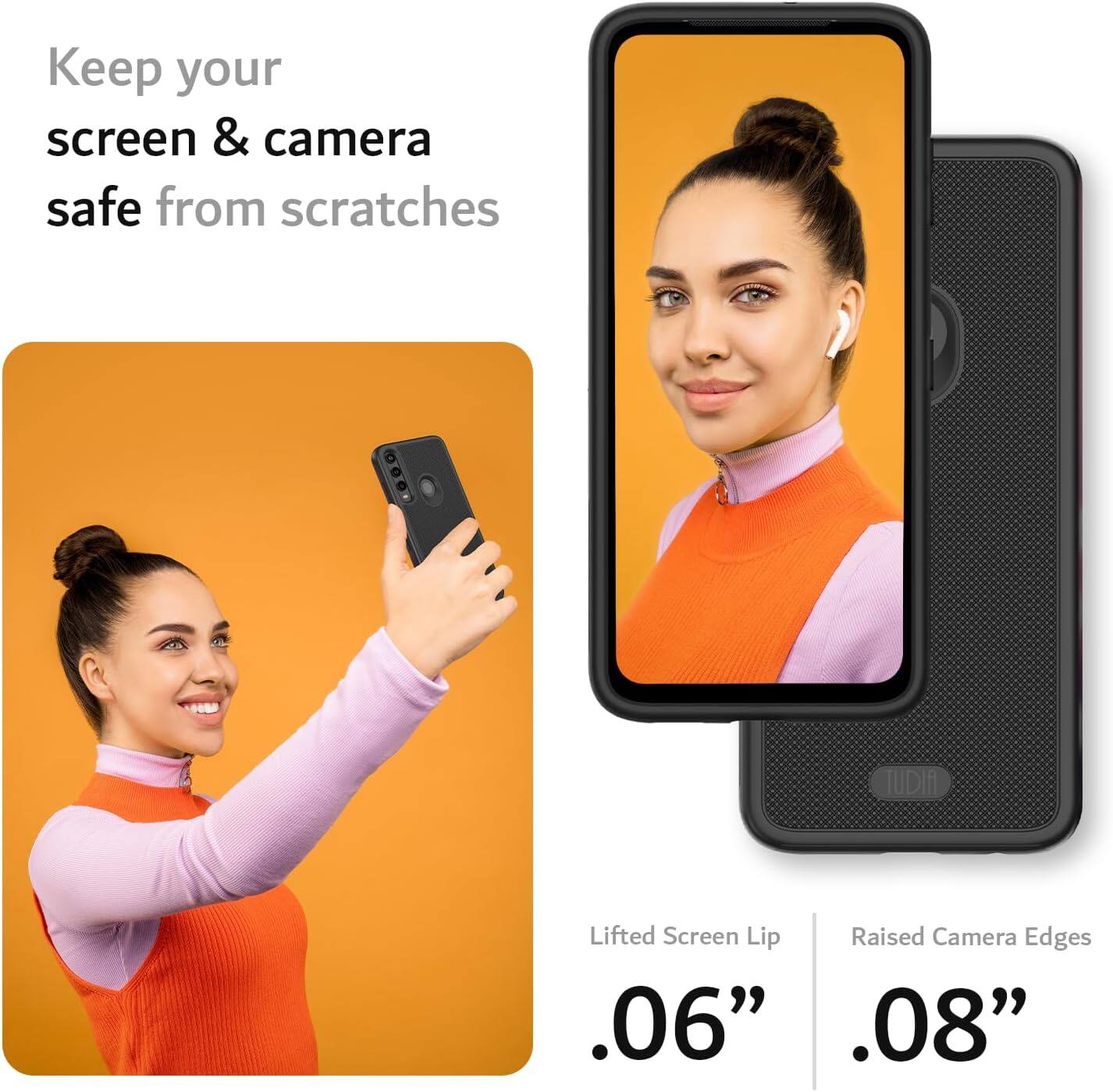 Keep your screen & camera safe from scratches

Lifted Screen Lip: .06"
Raised Camera Edges: .08"