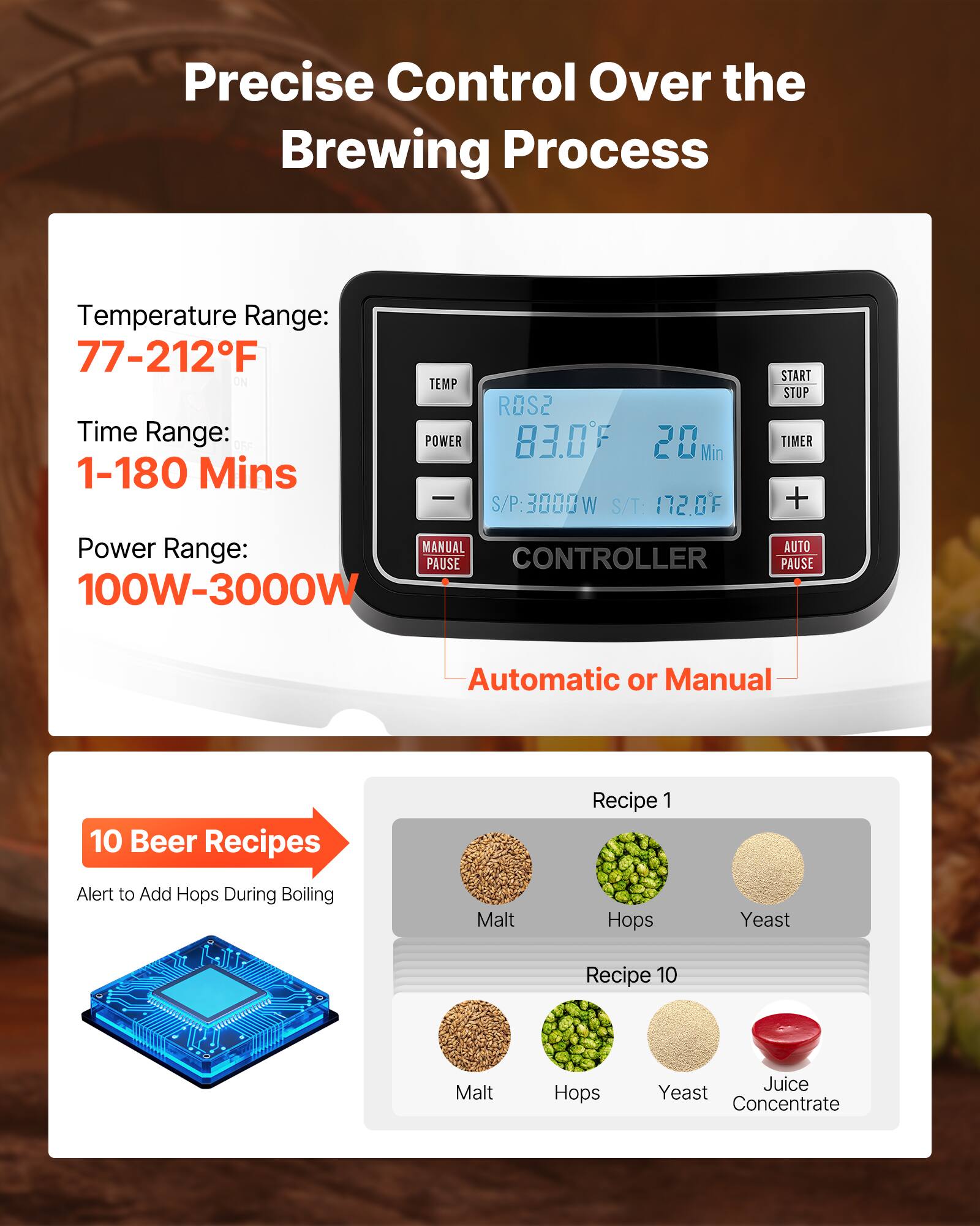 Precise Control Over the Brewing Process

Temperature Range: 77-212°F  
Time Range: 1-180 Mins  
Power Range: 100W-3000W  

Automatic or Manual  

10 Beer Recipes  
Alert to Add Hops During Boiling  

Recipe 1  
Malt  
Hops  
Yeast  

Recipe 10  
Malt  
Hops  
Yeast  
Juice Yeast Concentrate