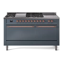 ILVE - Nostalgie II 60 inch Dual Fuel Range with 7 Burners + Griddle (Liquid Propane, Blue Grey, Copper Trim) - Blue Grey