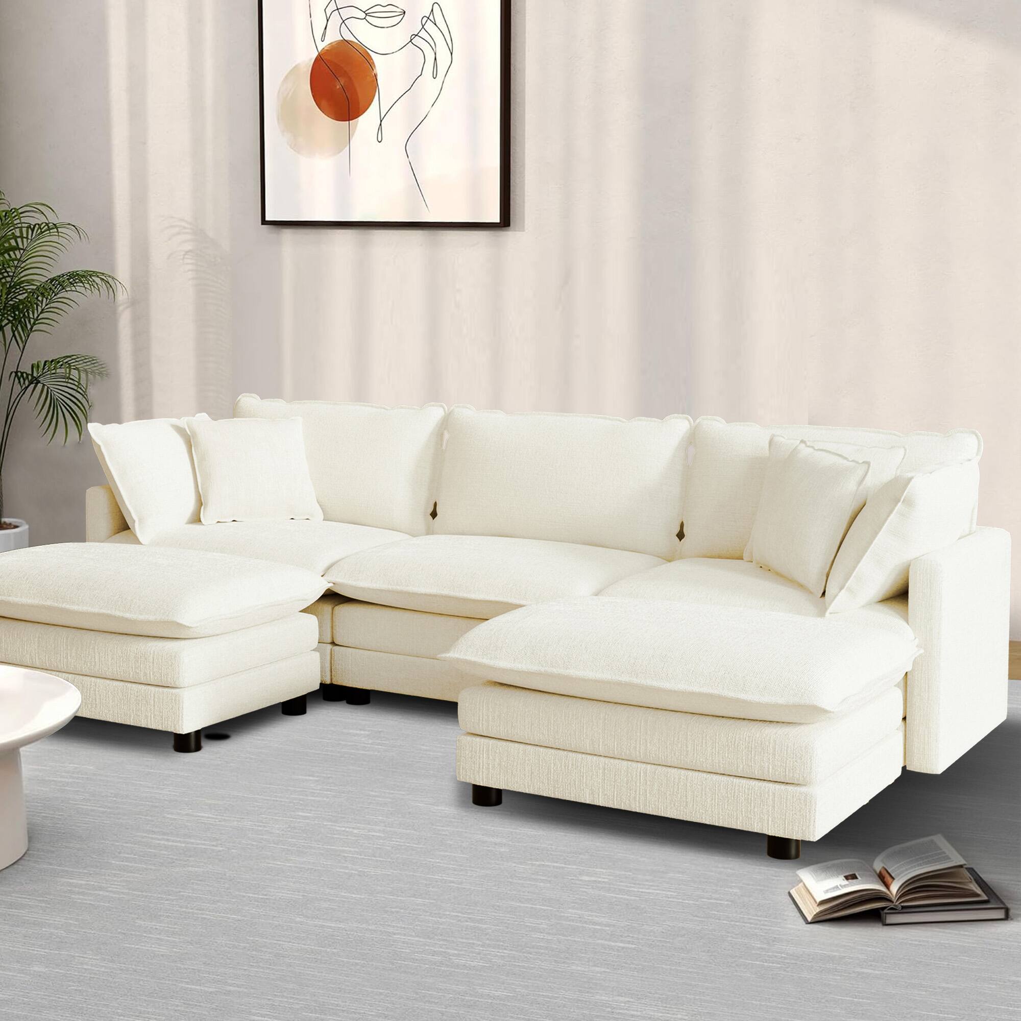 Alt View 5. KERDOM - Modular 3 Seat Sofa Set with 2 Ottomans, Chenille Sleeper Sofa Bed, Convertible Sectional L Shaped Couch Chaise Longue - Beige.