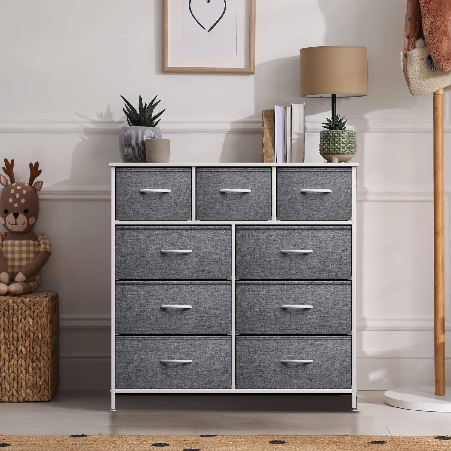 Angle. Sorbus - Sorbus 9 Drawers Dresser - Furniture Storage for Bedroom, Closet, and More - Steel Frame, Wood Top, Fabric Bins - White.