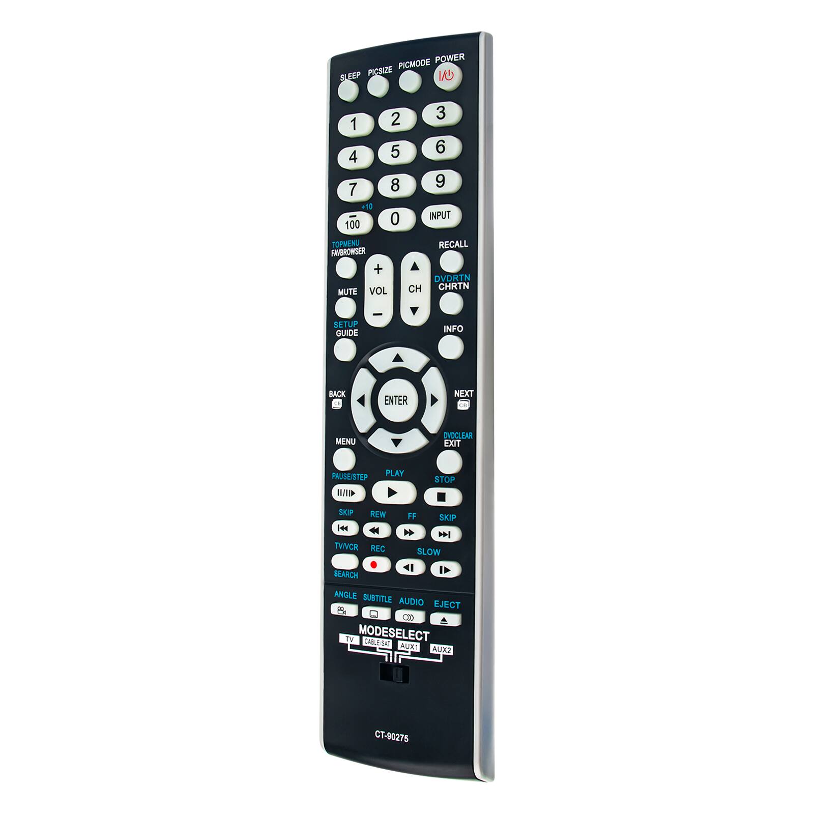 PICMODE POWER FEP PICSIZE W S 1 4 7 16 100 2 5 8 0 3 6 9 INPUT TOPMENU FAVBROWSER + MUTE VOL RECALL DVDRTN CH CHRTN SETUP GUIDE - INFO BACK ENTER NEXT MENU DVOCLEAR EXIT PAUSE/STEP PLAY STOP SKIP REW 144 4 TVIVCR REC SEARCH FF SKIP SLOW <1 41 ANGLE SUBTITLE AUDIO EJECT CM A TV MODESELECT S! SAT AUX1 EXUA CT-90275
